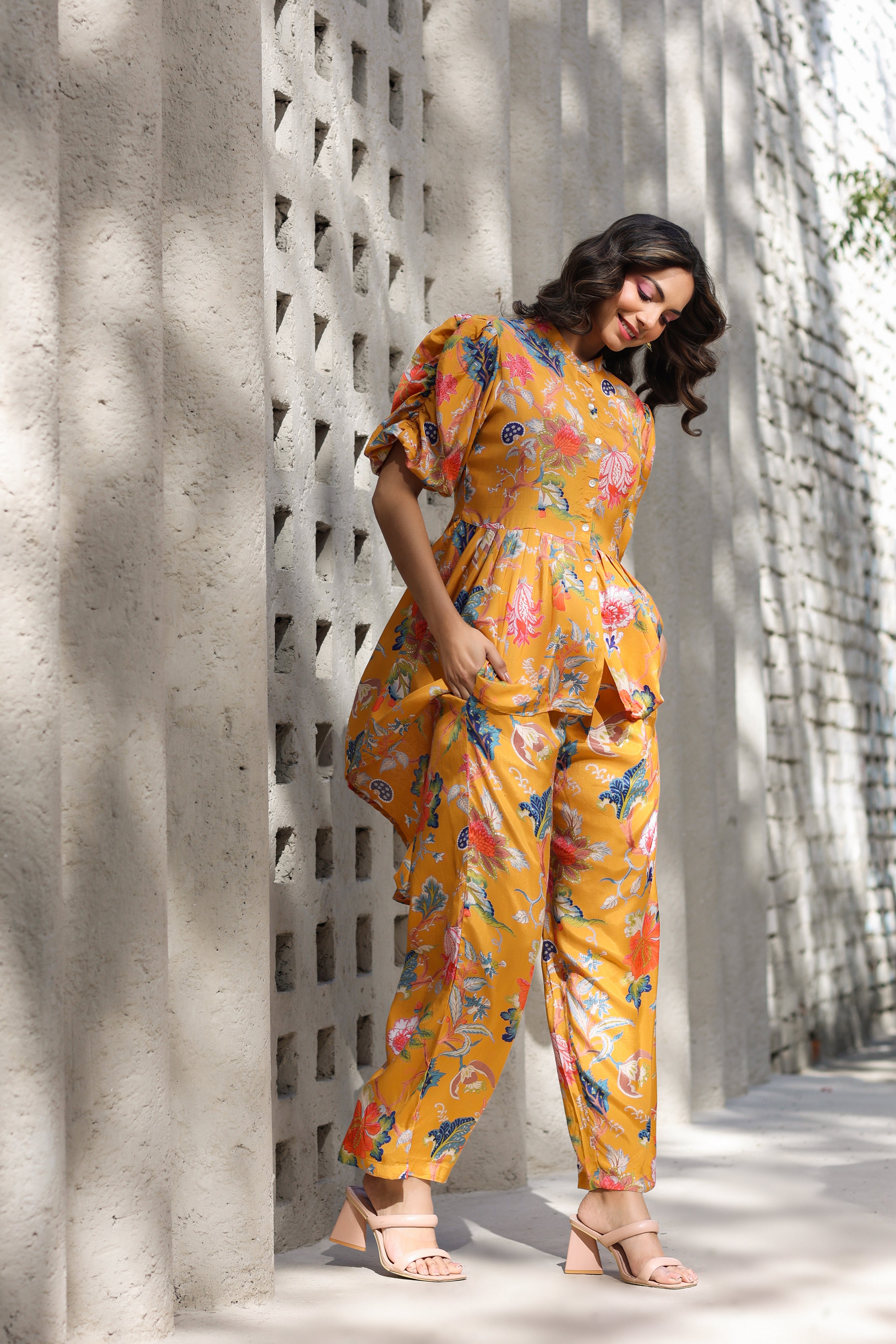 Floral Jaal on a Mustard Russian Silk Peplum Co-ord Set
