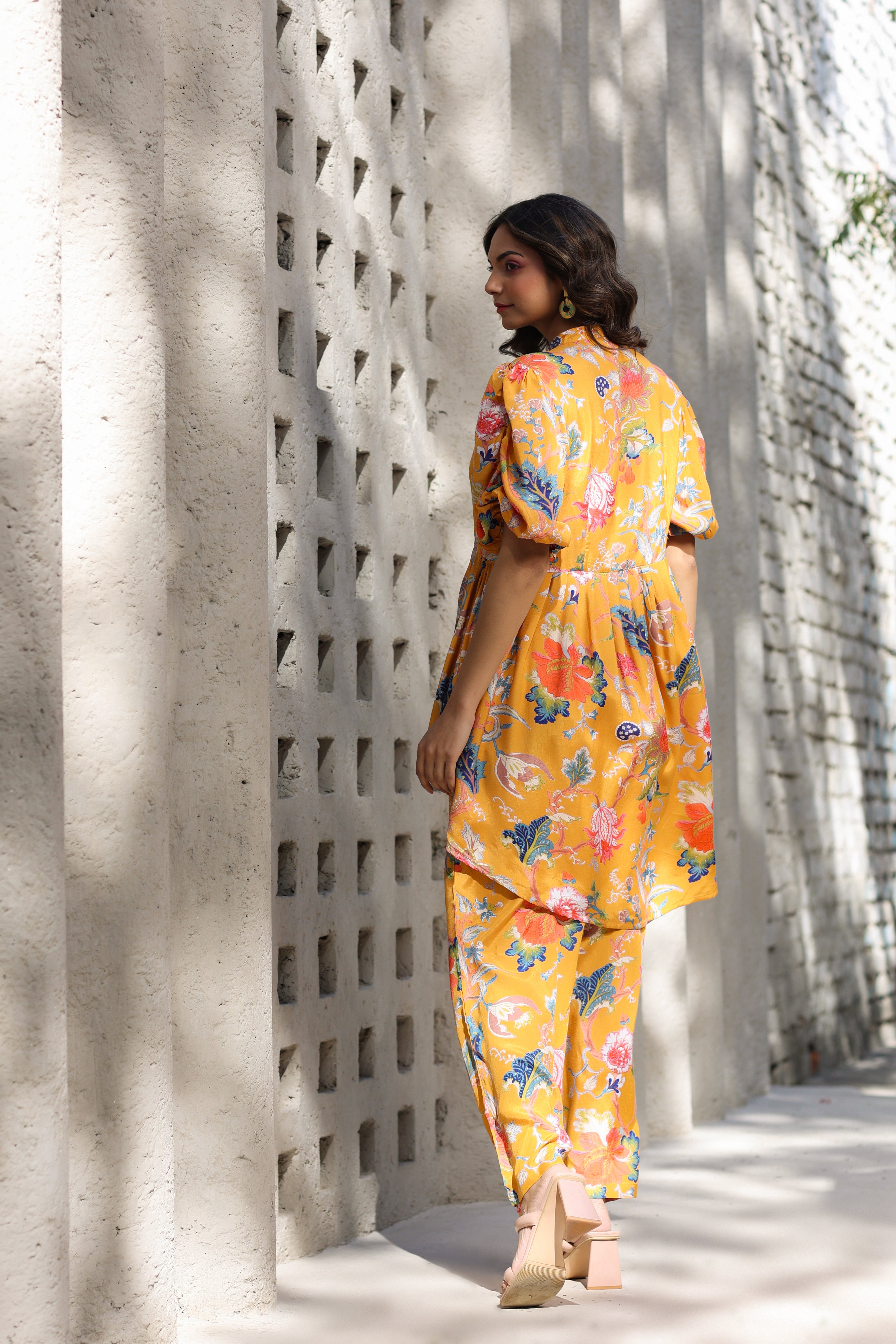 Floral Jaal on a Mustard Russian Silk Peplum Co-ord Set