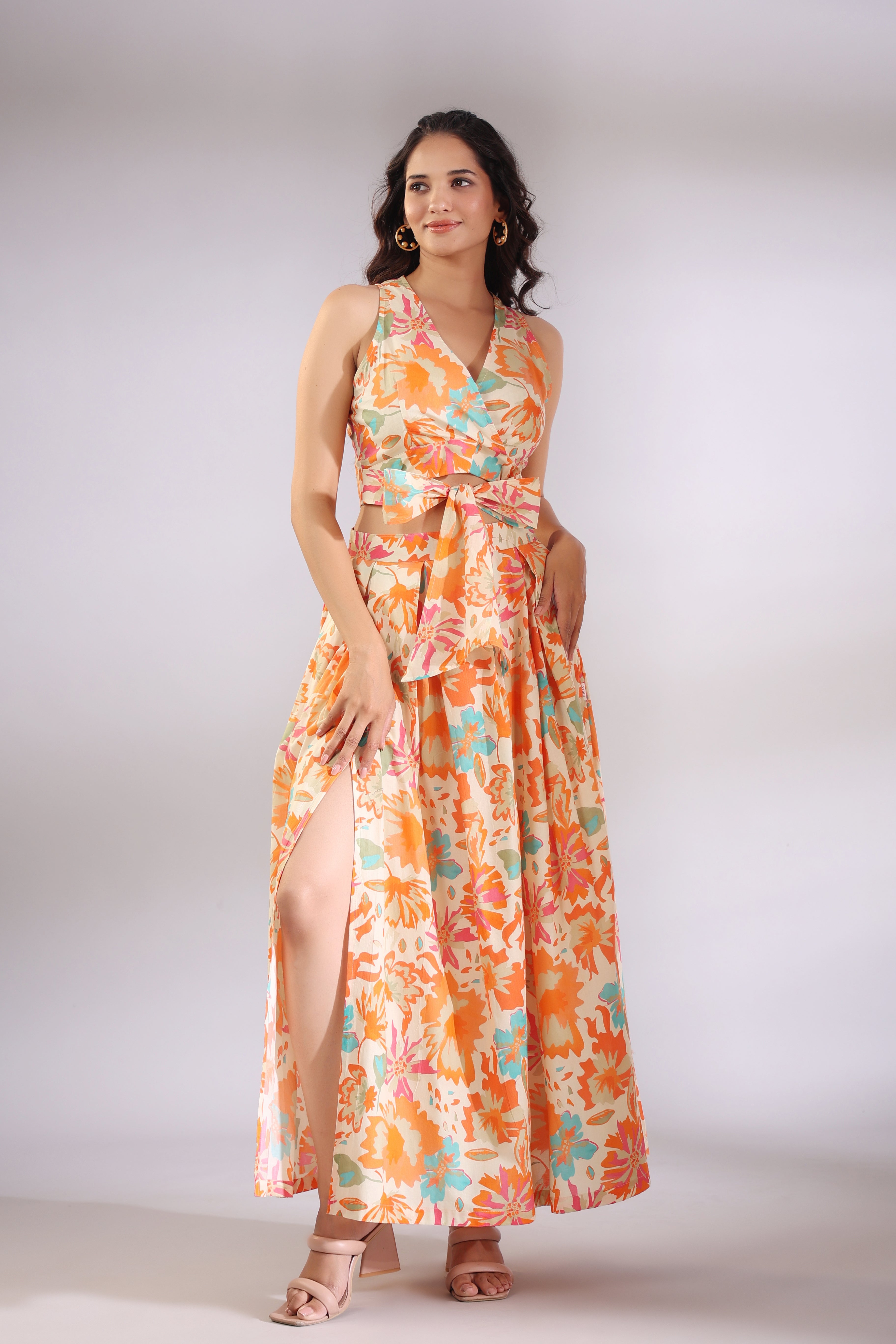 Orange Pop on Cotton Skirt and Crop Top Set