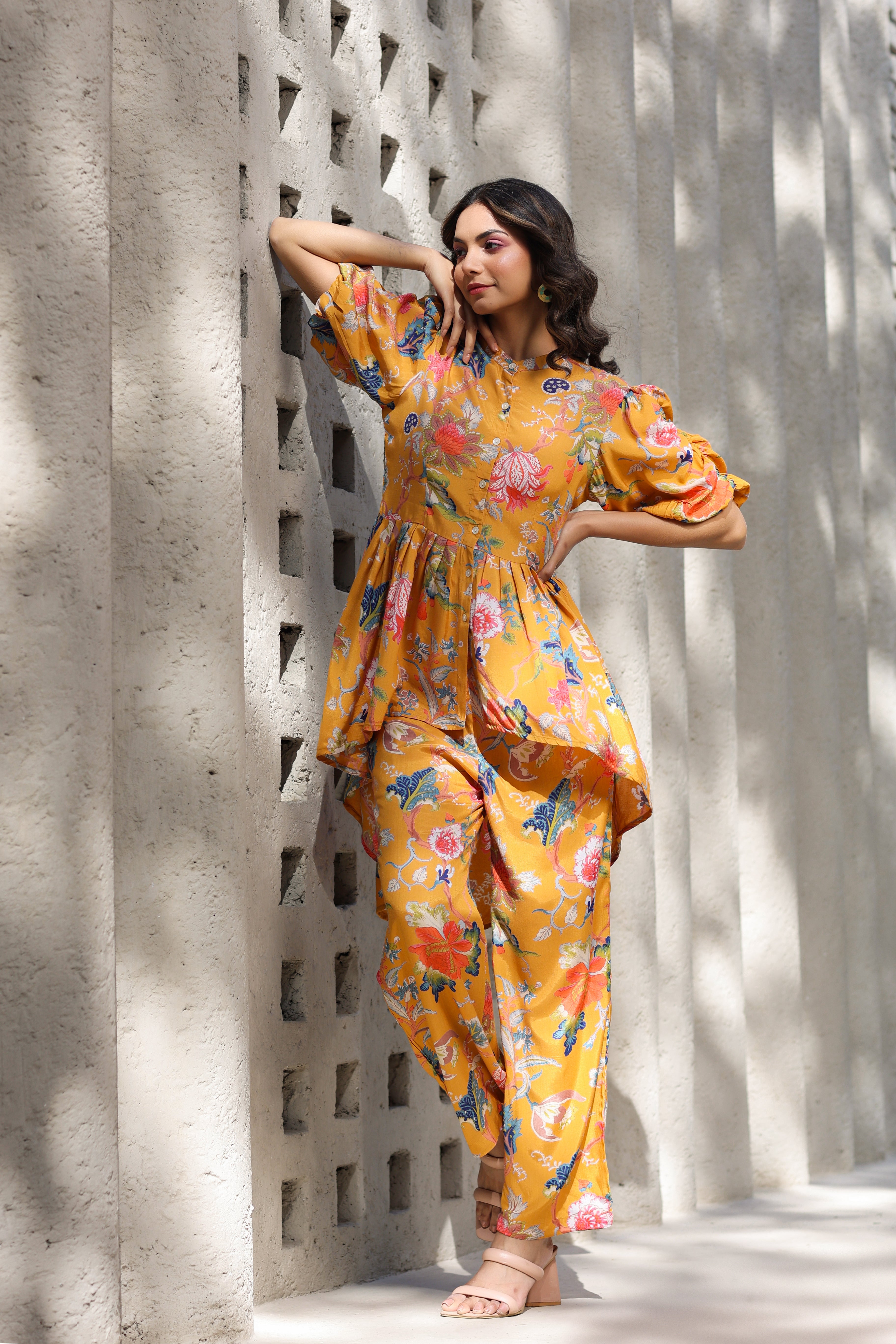 Floral Jaal on a Mustard Russian Silk Peplum Co-ord Set
