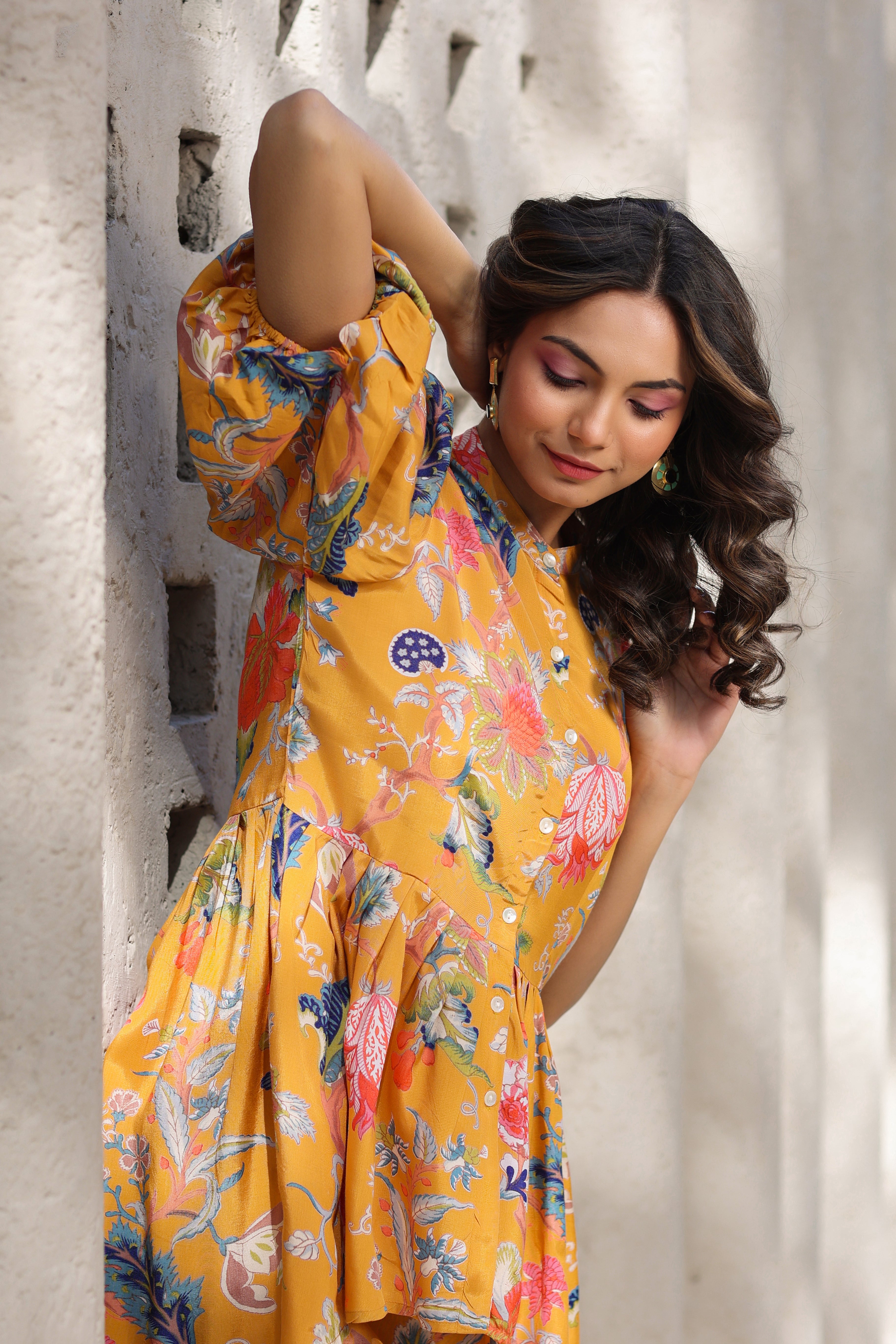 Floral Jaal on a Mustard Russian Silk Peplum Co-ord Set