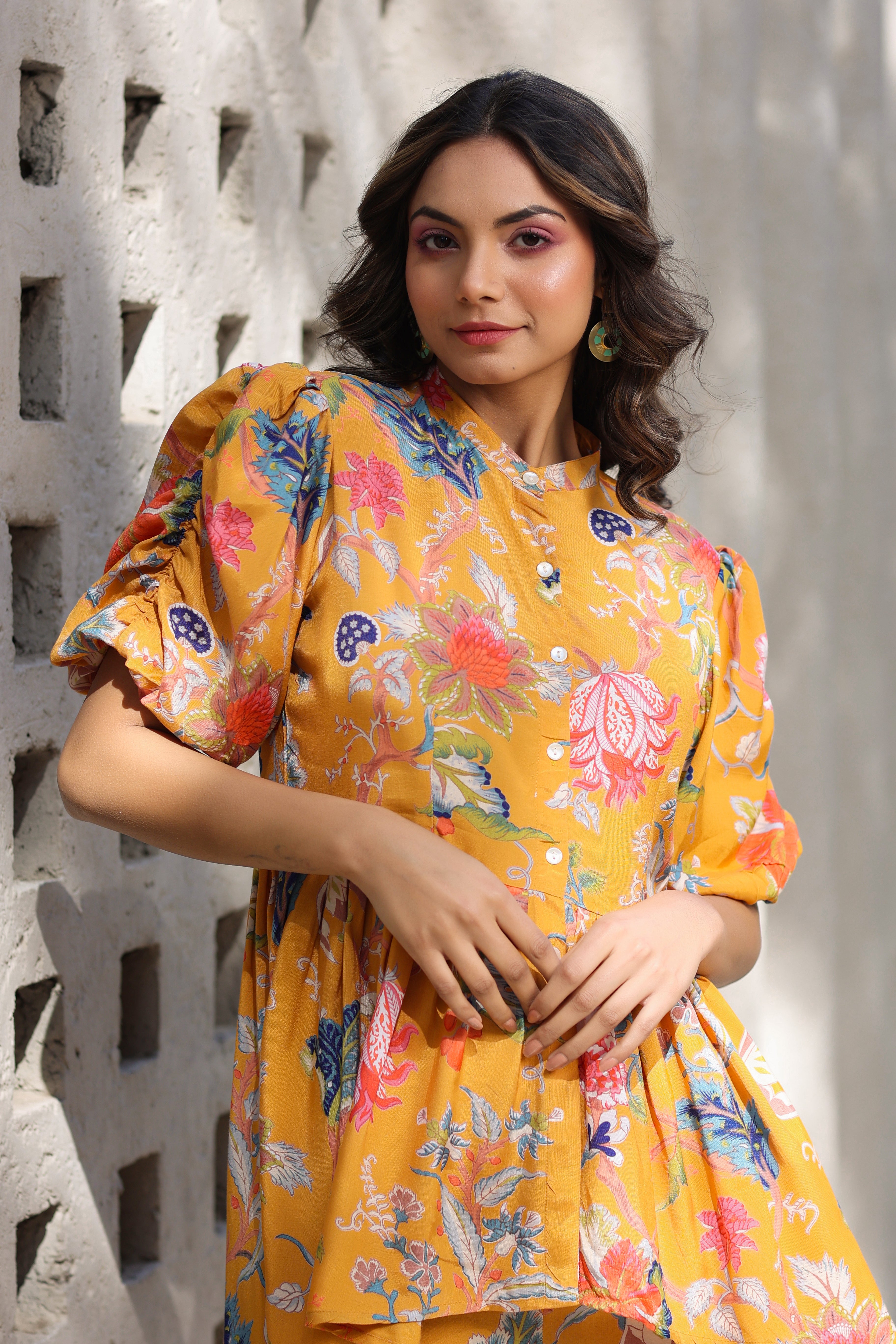 Floral Jaal on a Mustard Russian Silk Peplum Co-ord Set