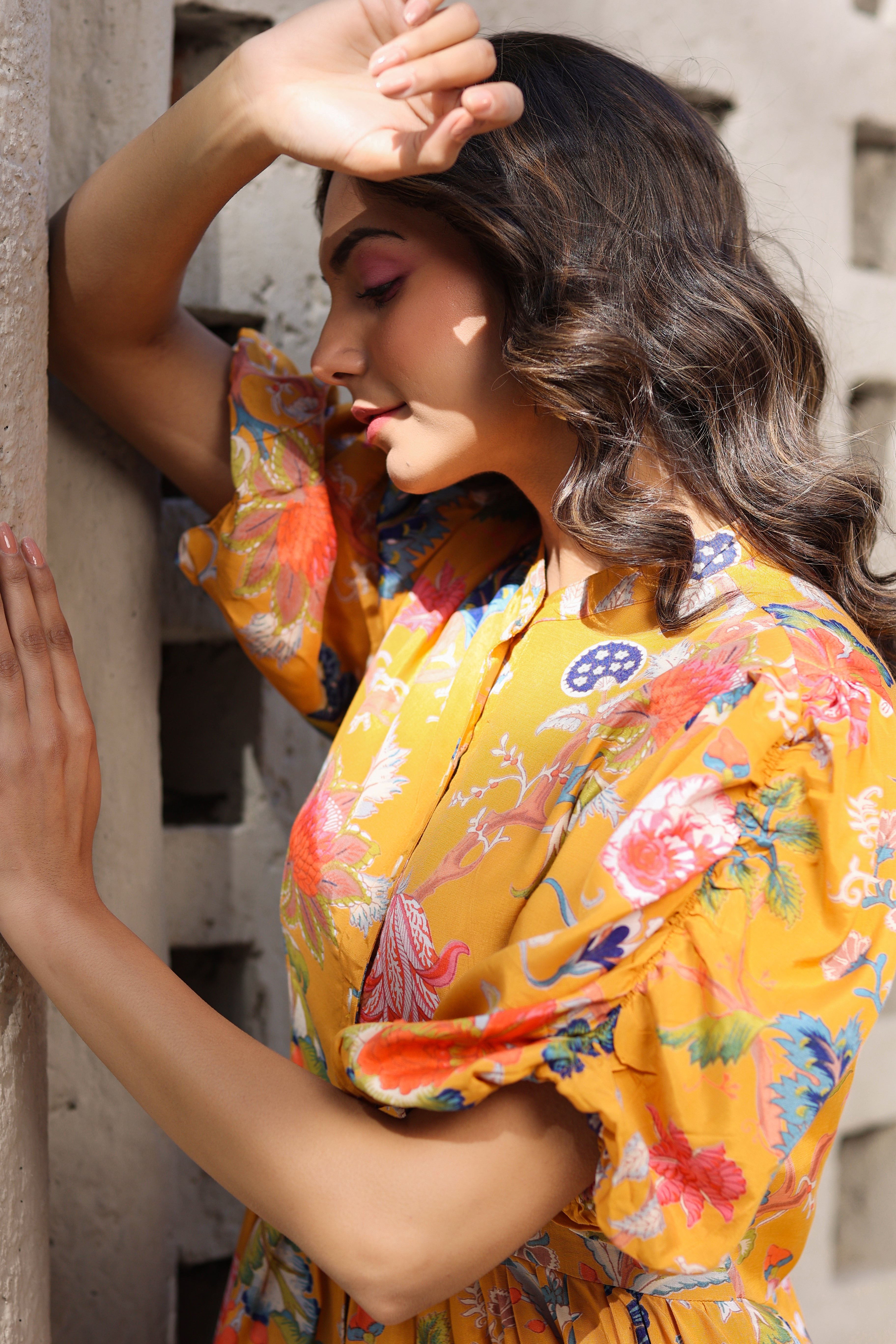 Floral Jaal on a Mustard Russian Silk Peplum Co-ord Set