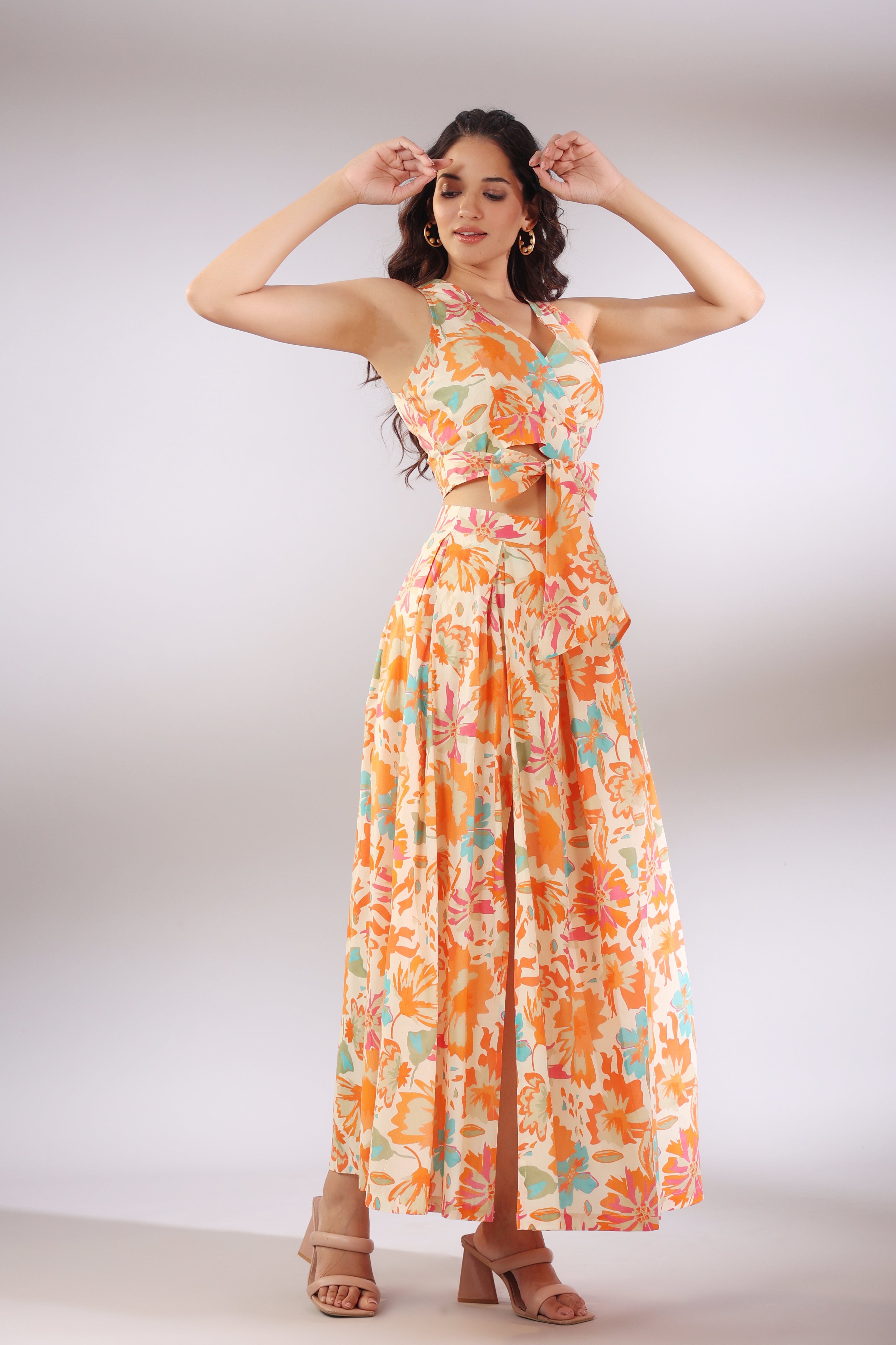 Orange Pop on Cotton Skirt and Crop Top Set