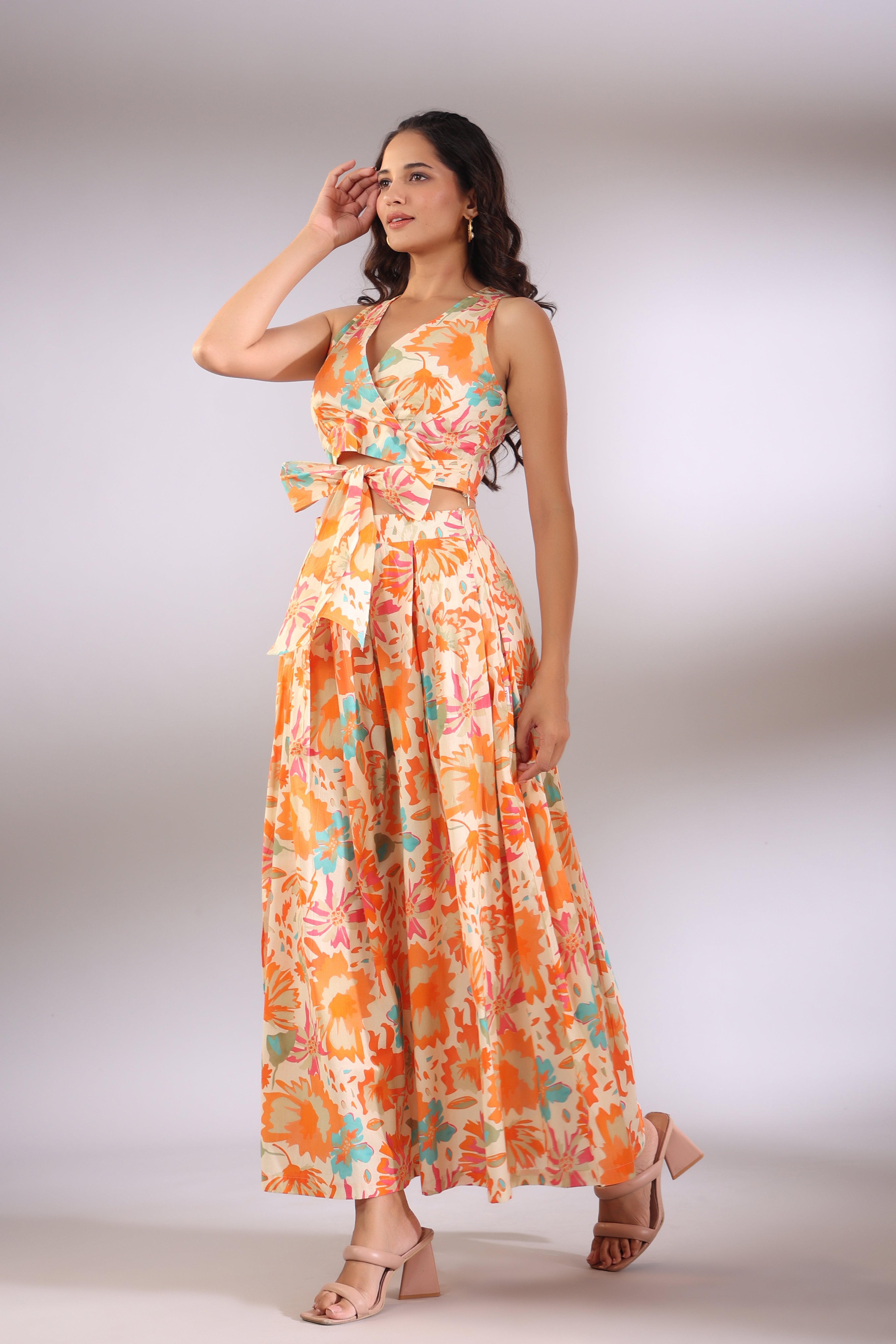 Orange Pop on Cotton Skirt and Crop Top Set