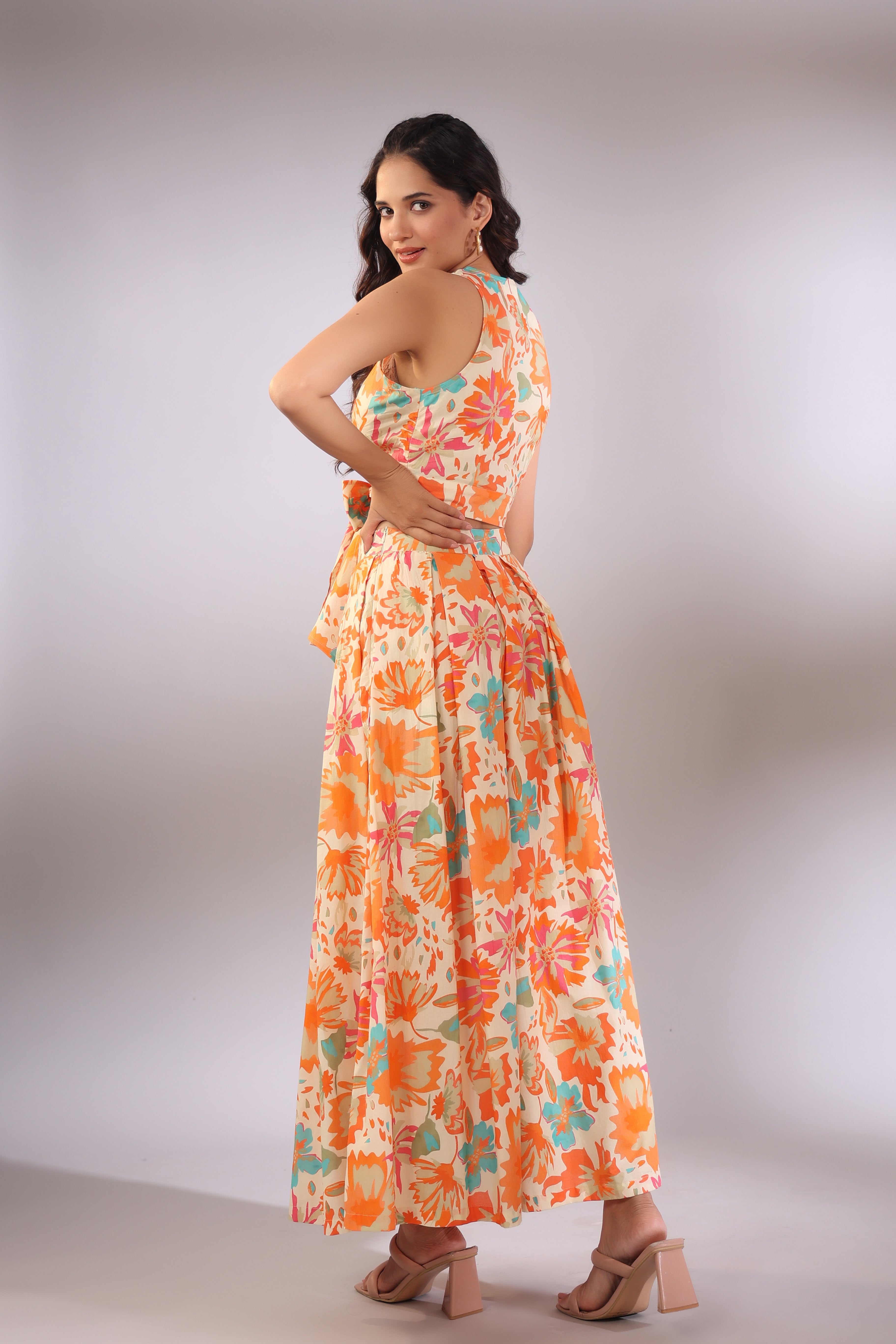 Orange Pop on Cotton Skirt and Crop Top Set