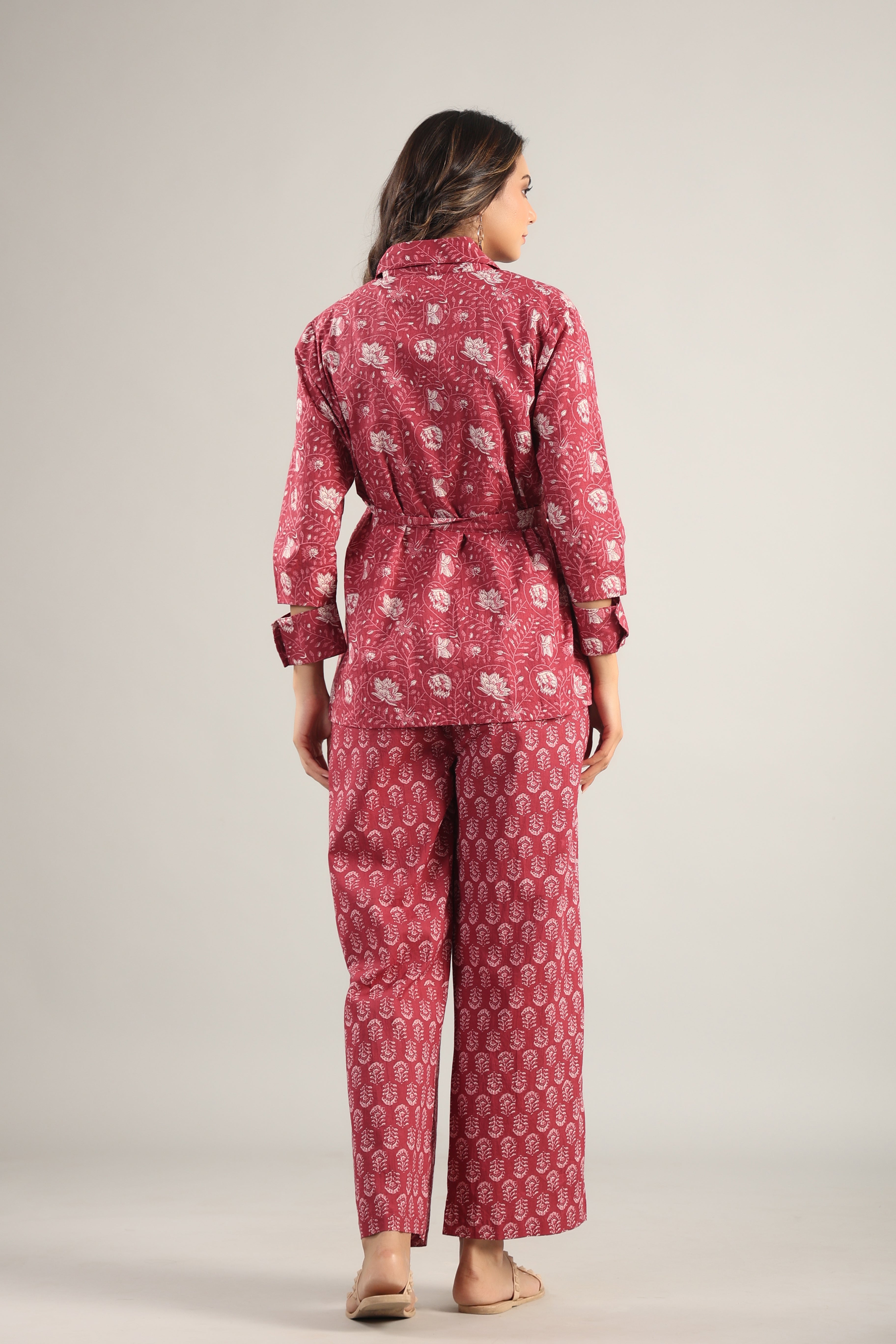 Floral fit Maroon Cotton Three Piece Co-ord Set