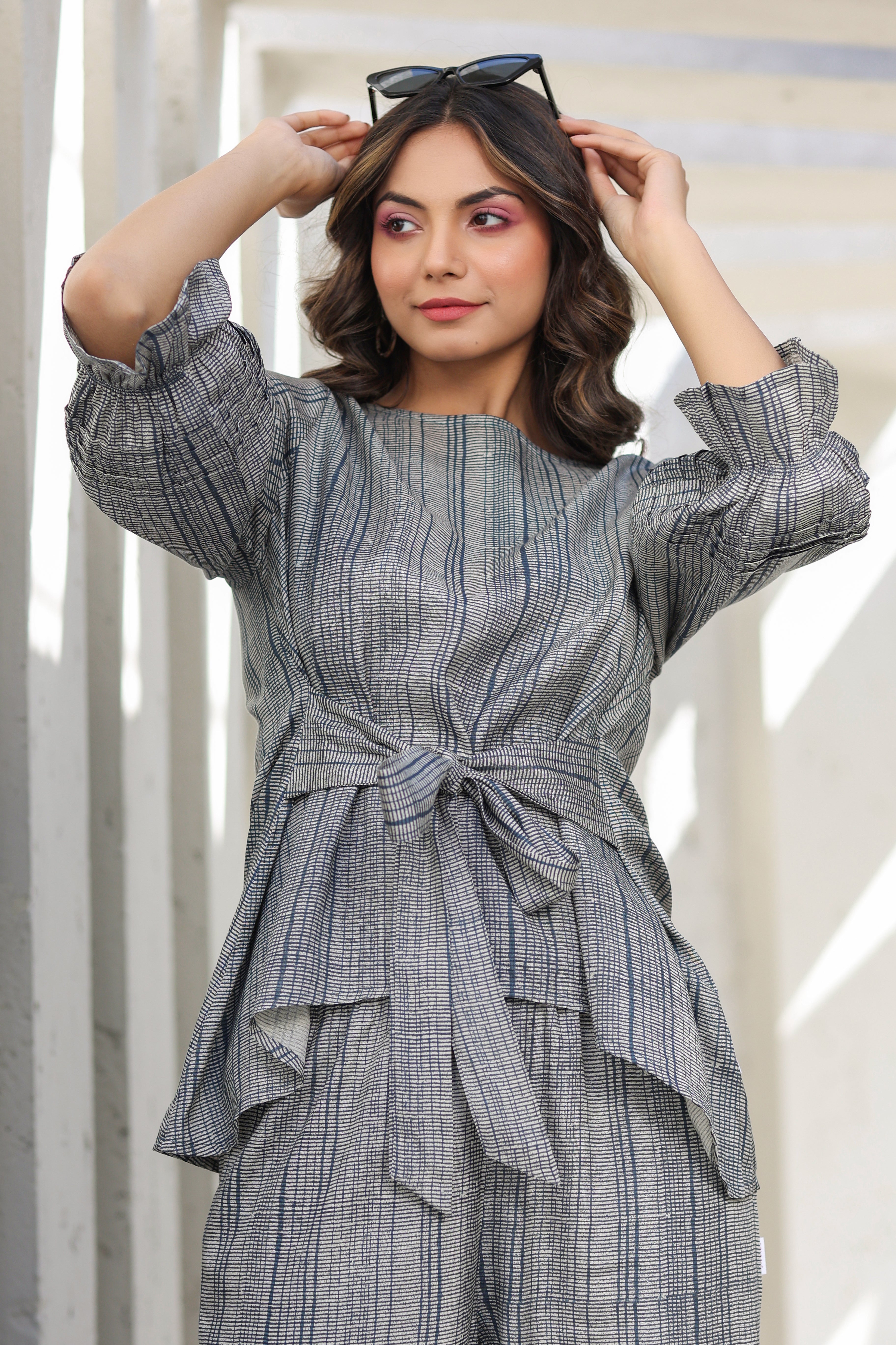 Elegante on Blue front tie Russian Silk Co-ord Set