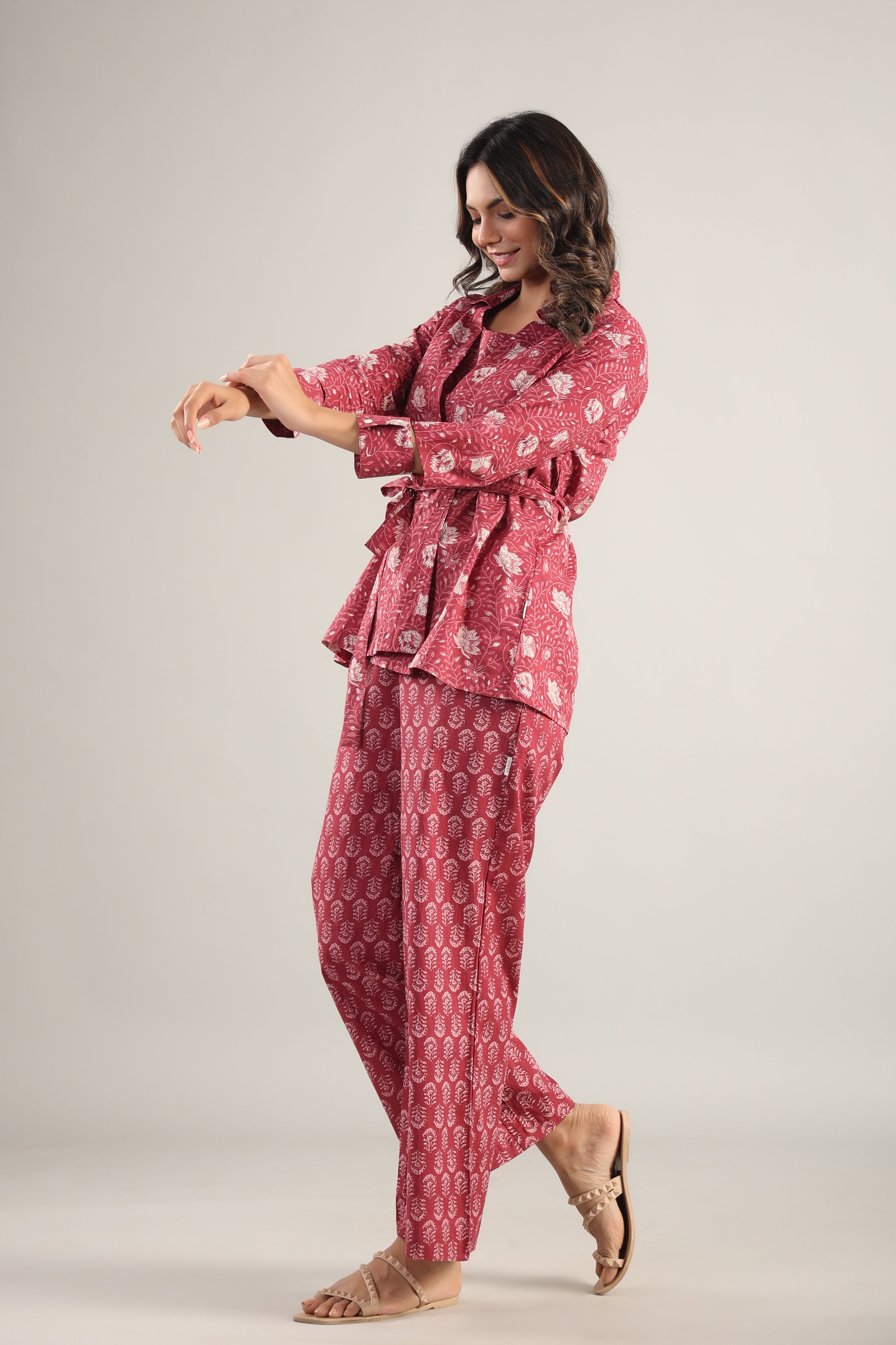 Floral fit Maroon Cotton Three Piece Co-ord Set