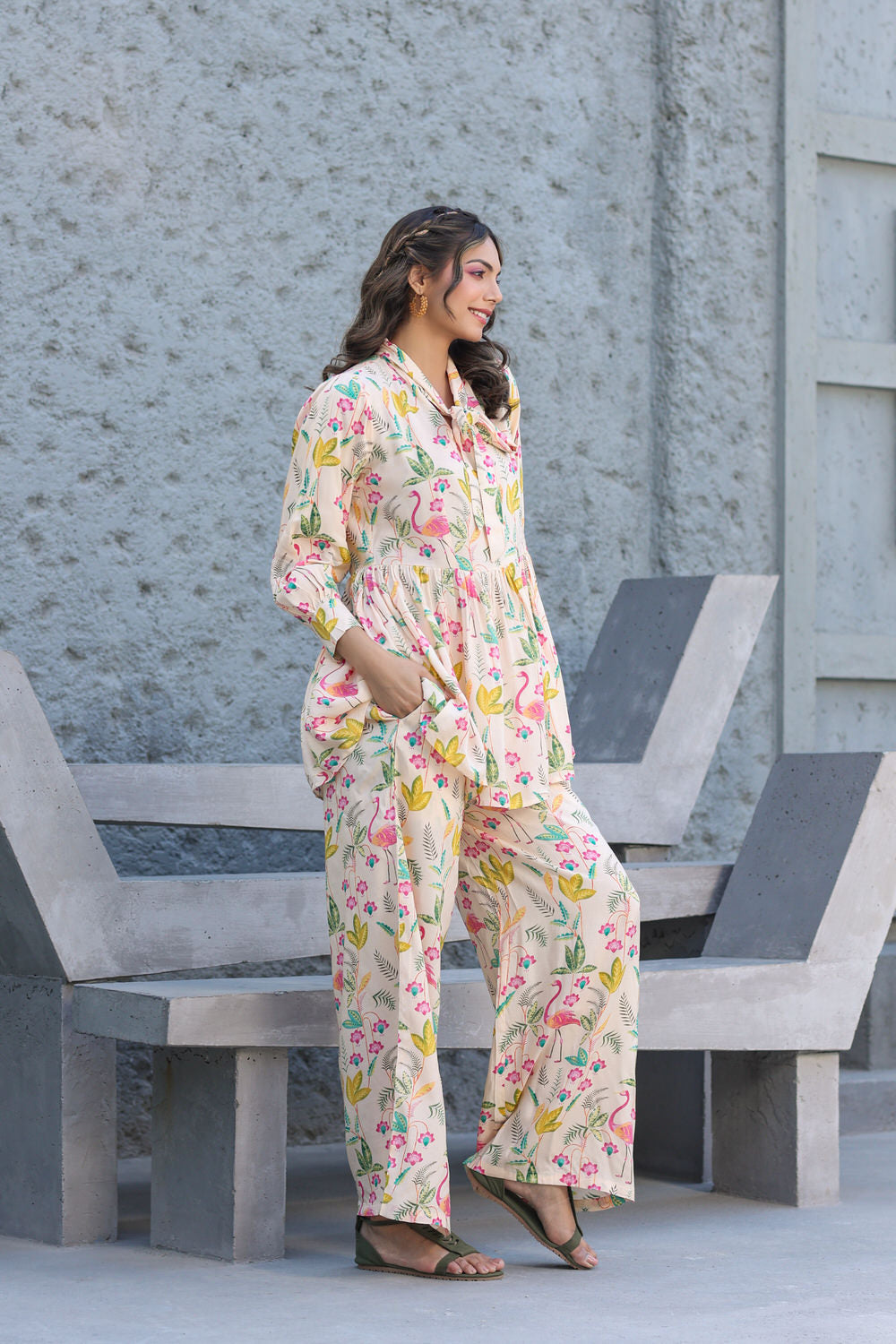 Flamingo Muslin Silk Beige Front Bow Co-ord set