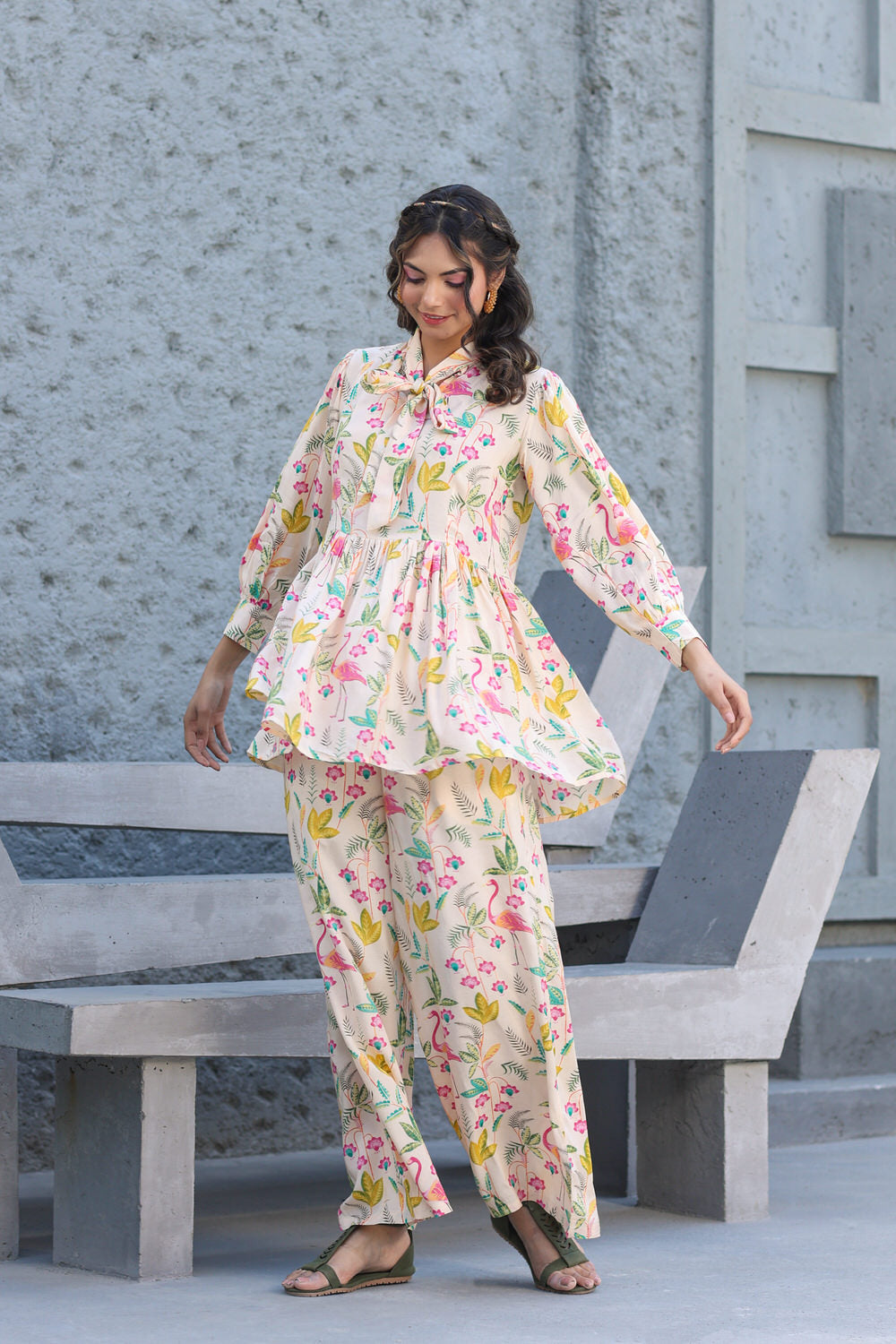 Flamingo Muslin Silk Beige Front Bow Co-ord set