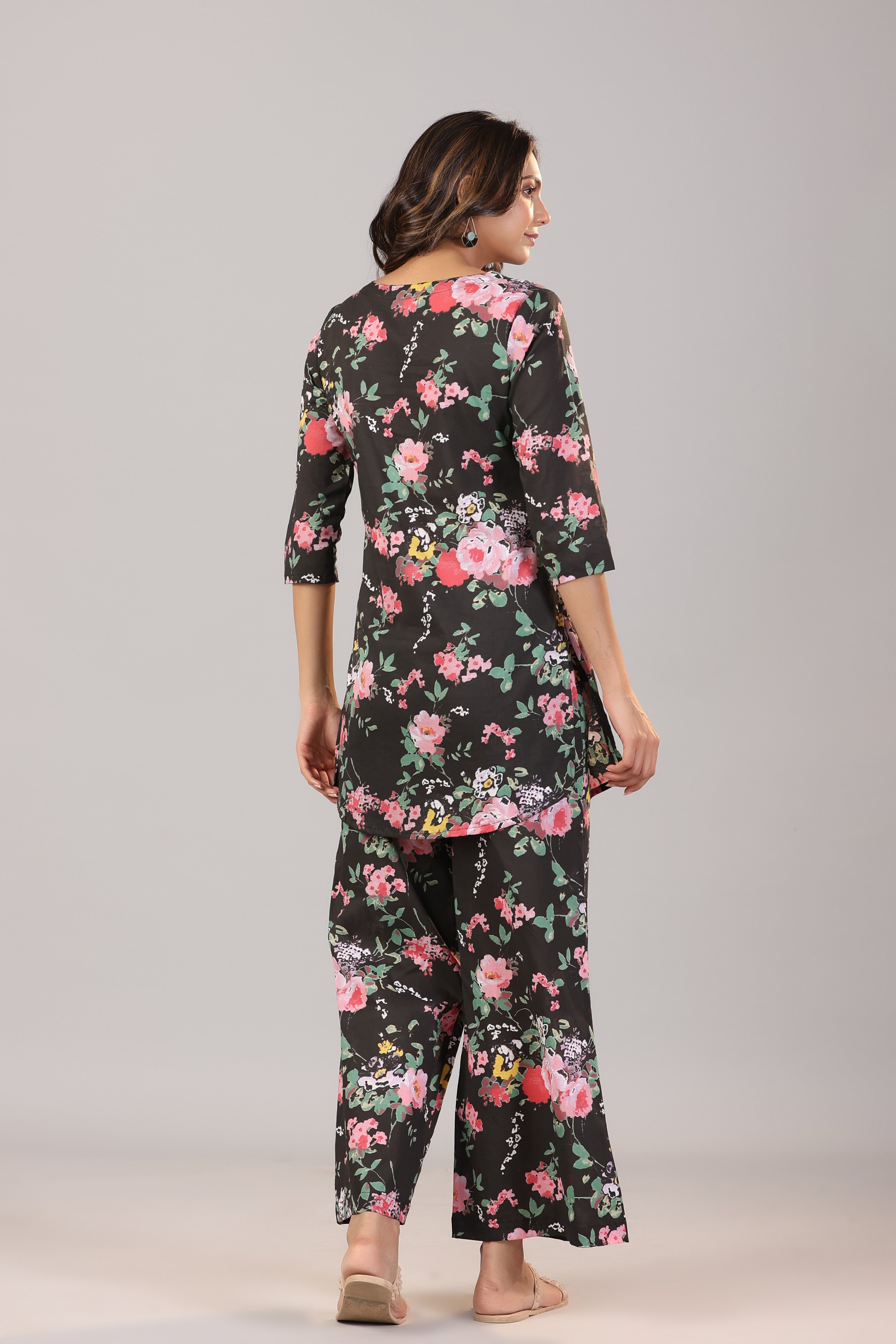 Floral Canopies on Black Cotton Palazzo Loungewear Set