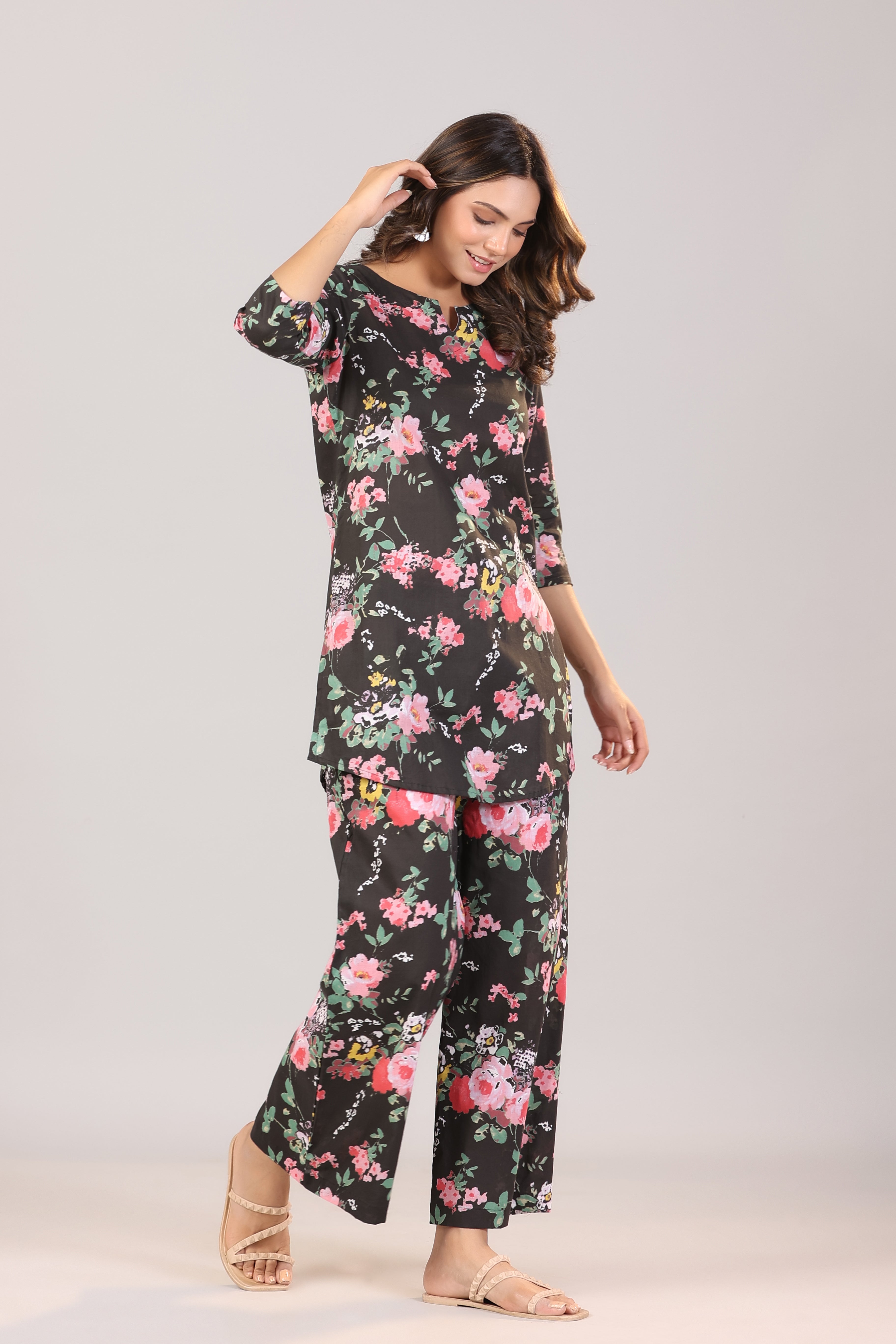 Floral Canopies on Black Cotton Palazzo Loungewear Set