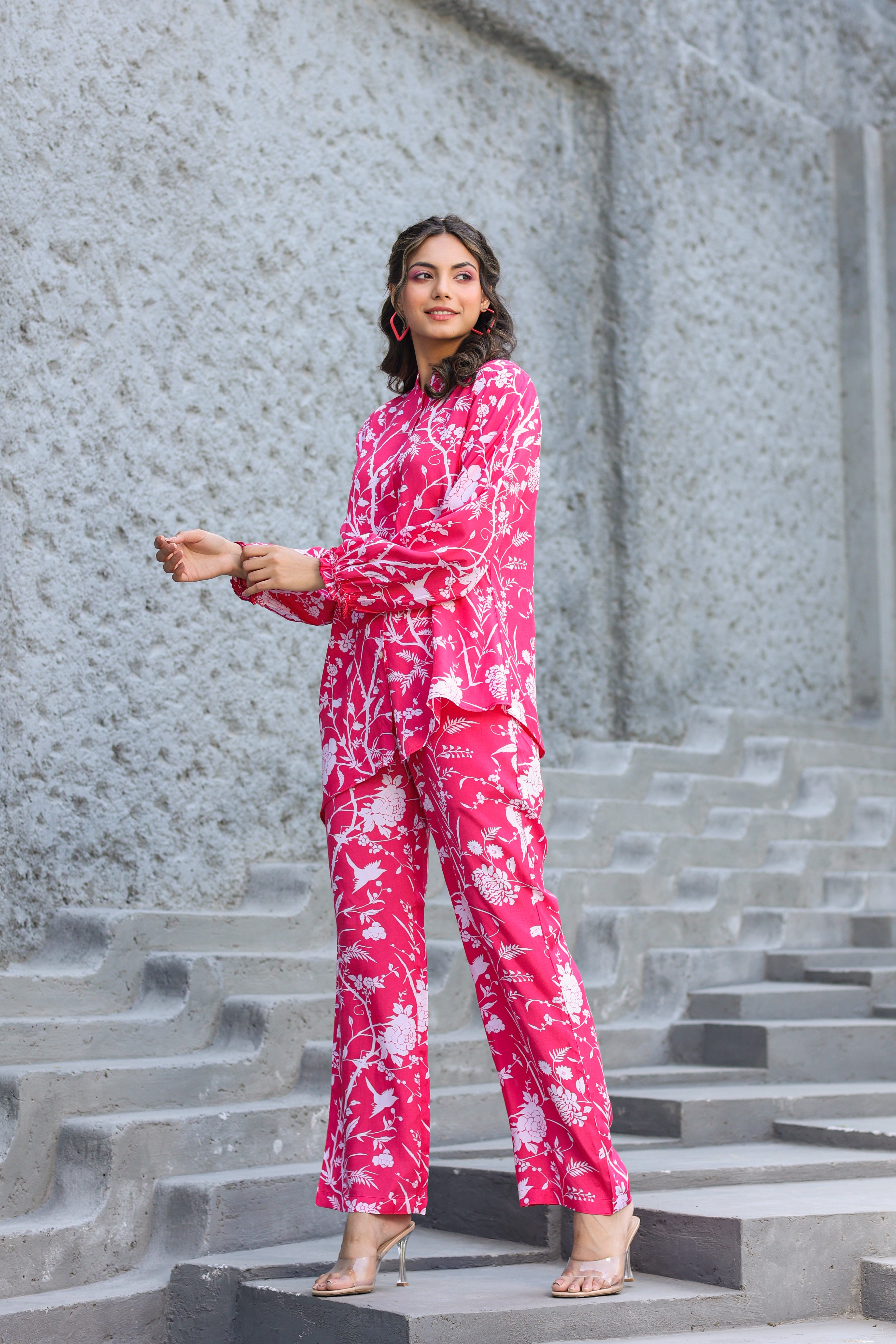 White Jaal On Pink Russian Silk Co-ord Set