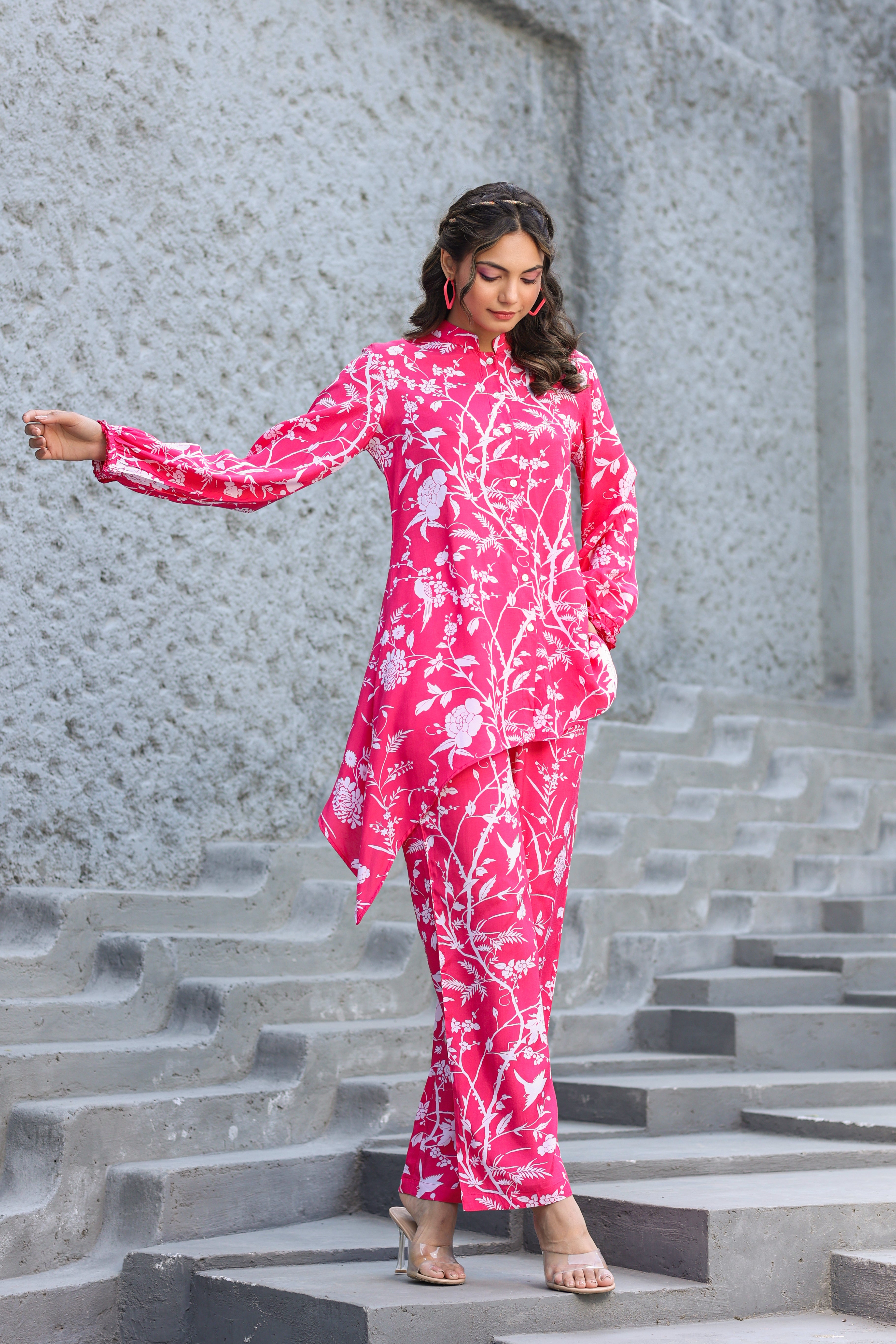 White Jaal On Pink Russian Silk Co-ord Set