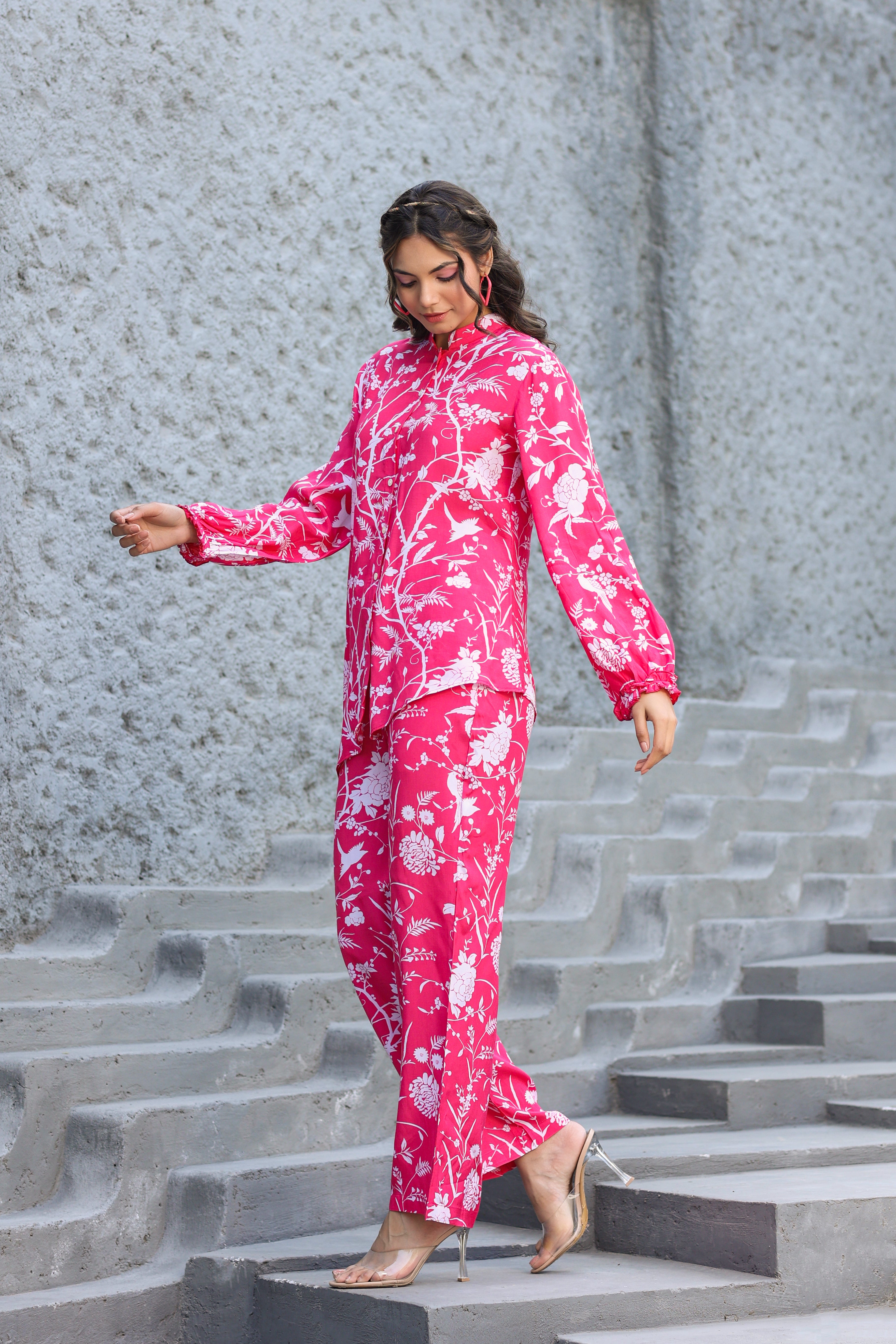 White Jaal On Pink Russian Silk Co-ord Set