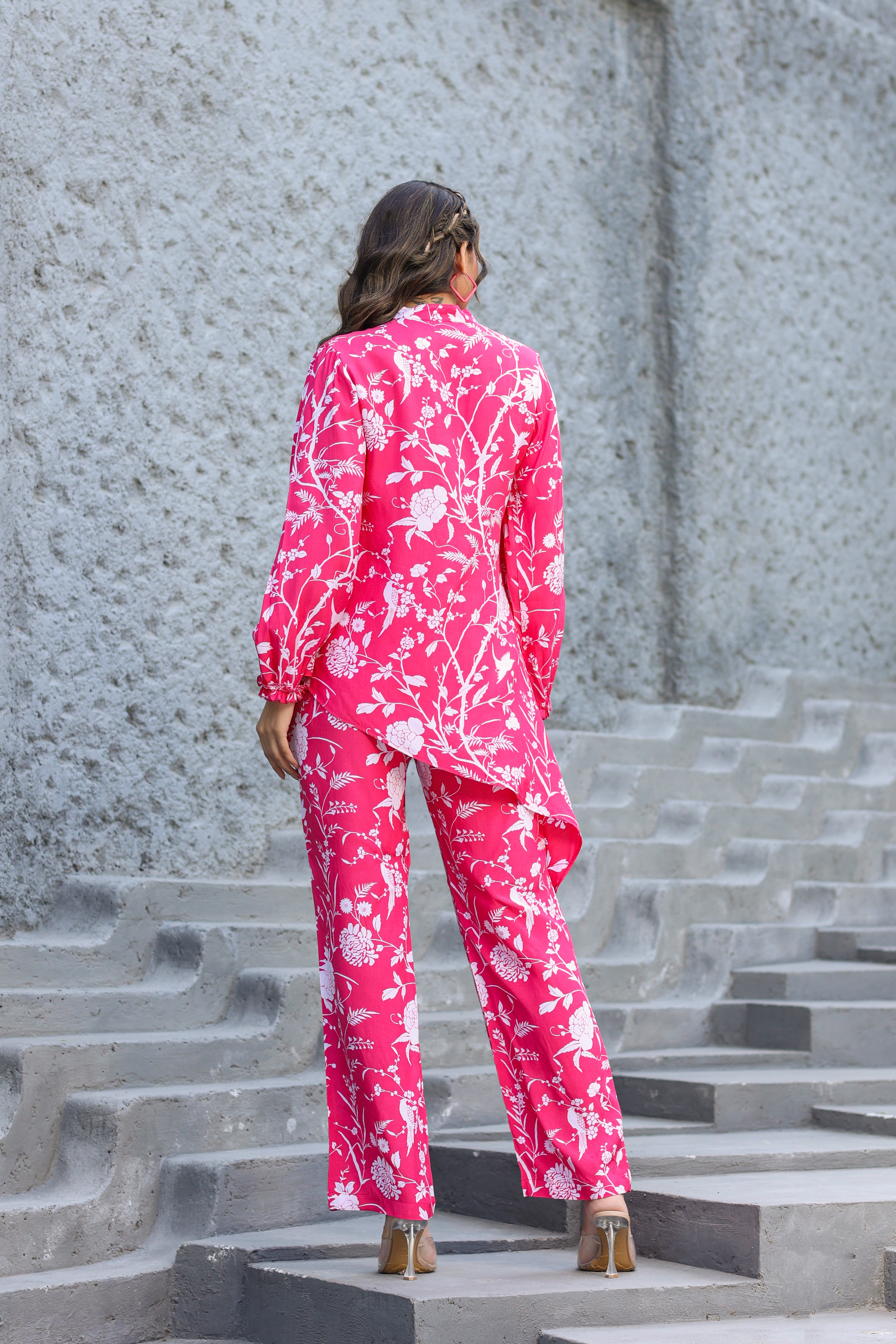 White Jaal On Pink Russian Silk Co-ord Set