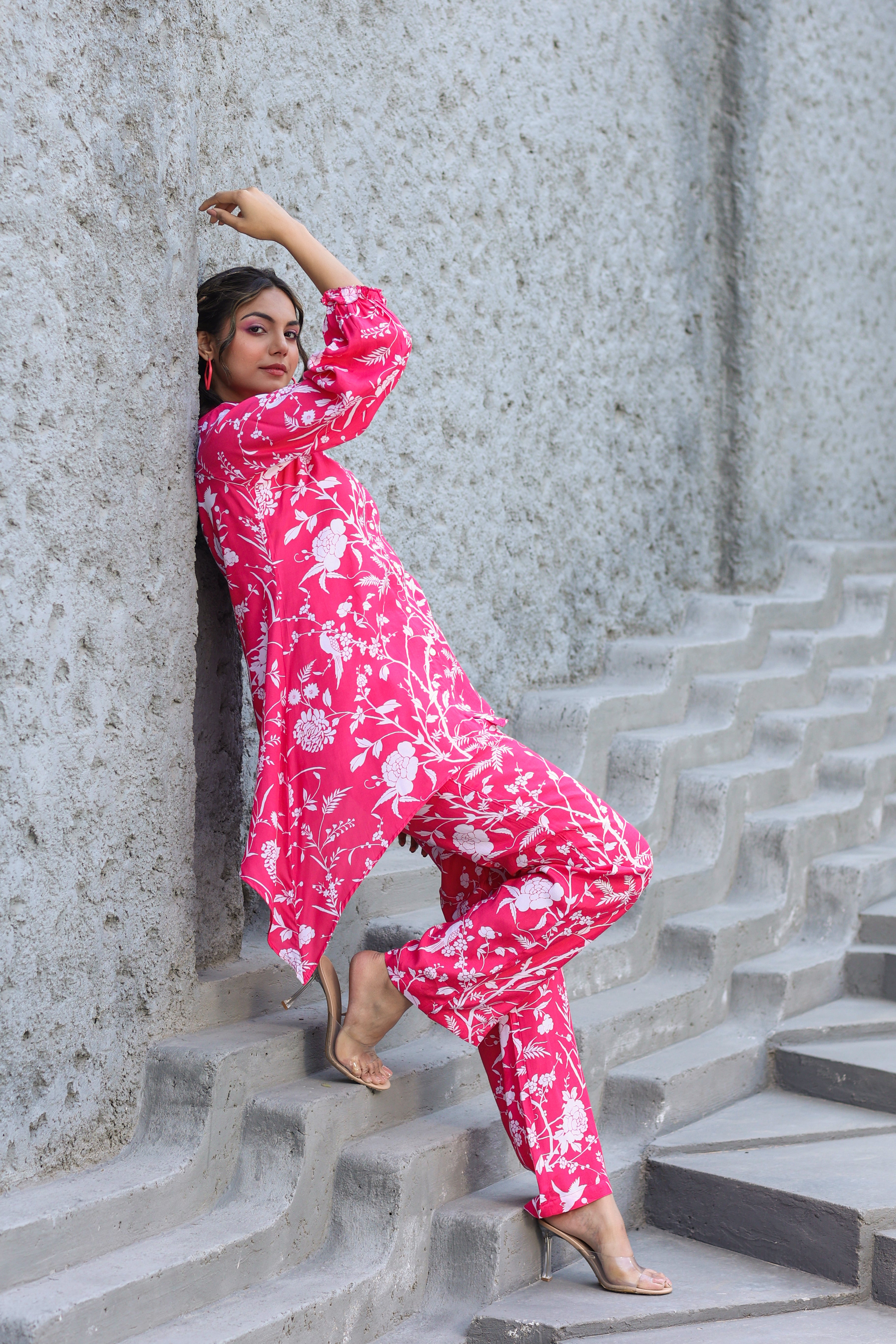 White Jaal On Pink Russian Silk Co-ord Set