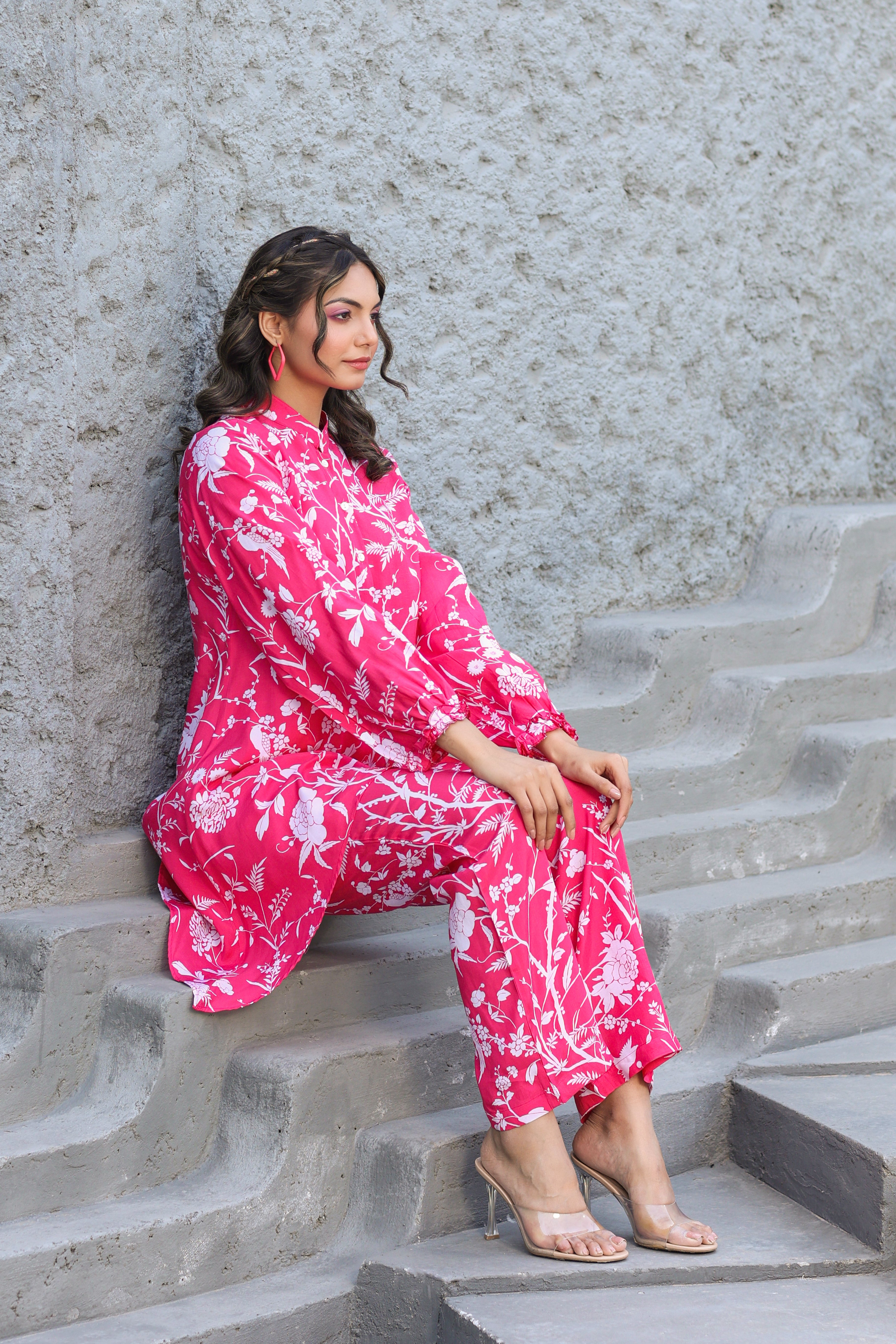 White Jaal On Pink Russian Silk Co-ord Set