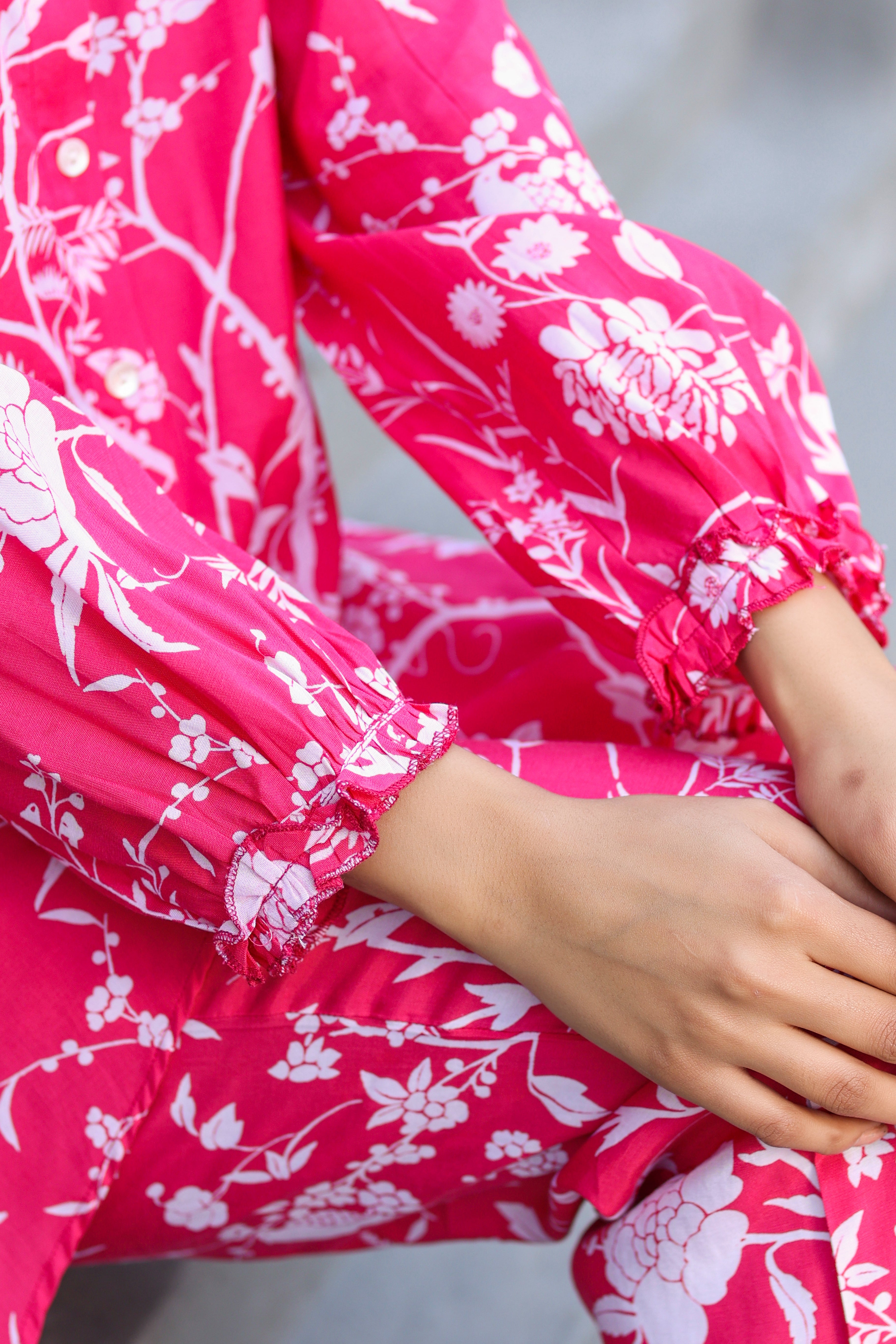 White Jaal On Pink Russian Silk Co-ord Set