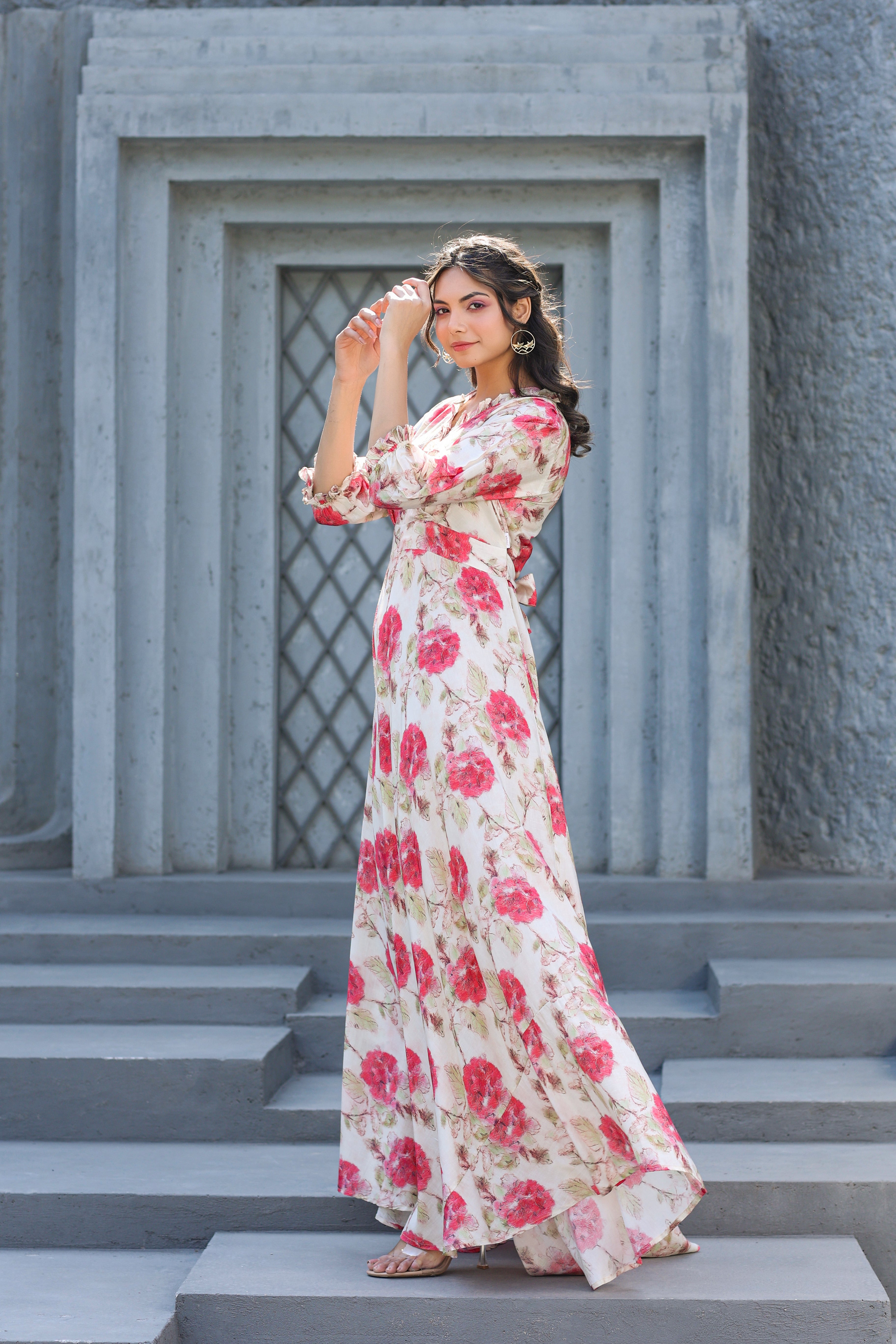 Roses Dreamland on Off white Muslin Silk Maxi Dress