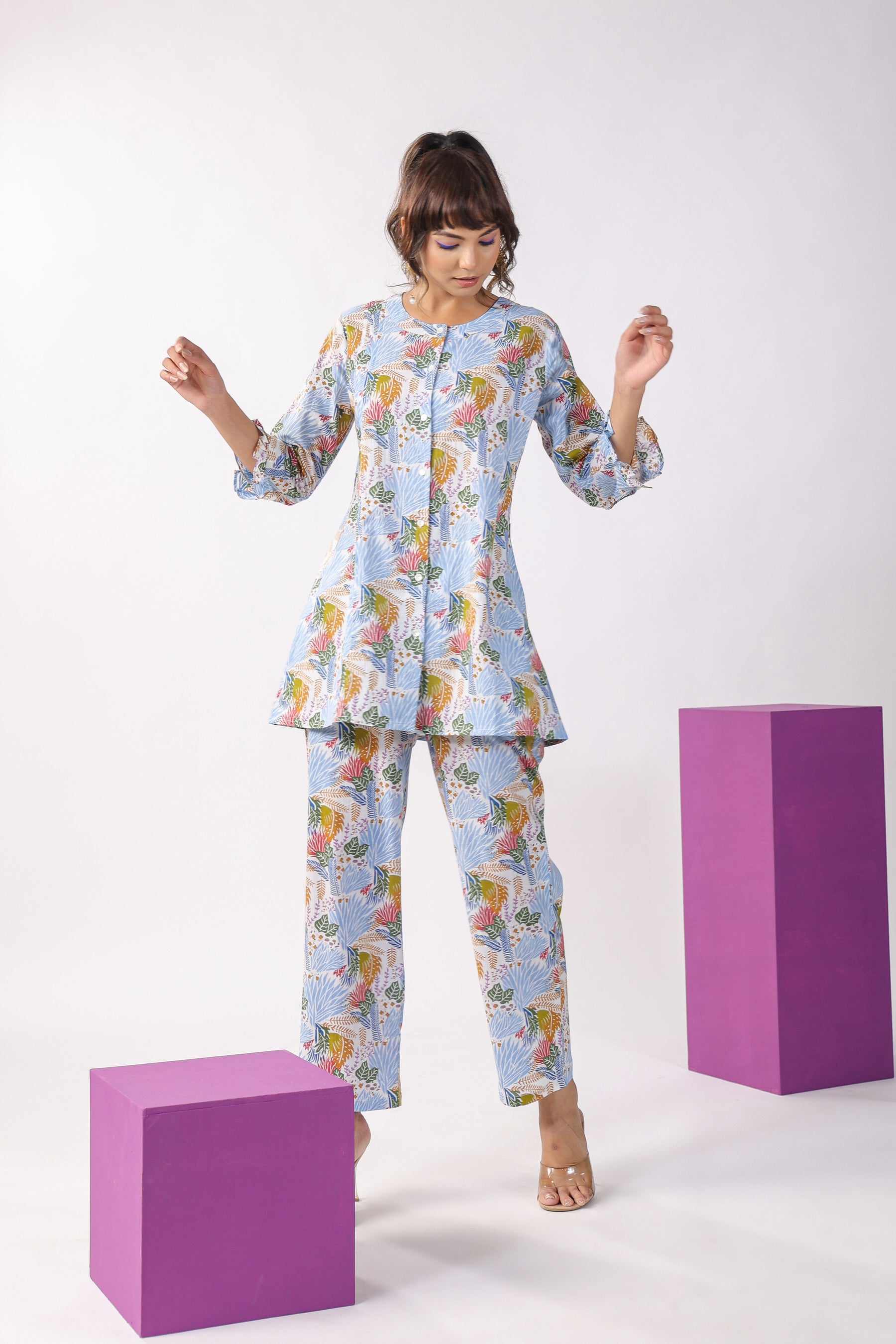 Autumn Leaves On White Cotton Lounge Loungewear Top Set