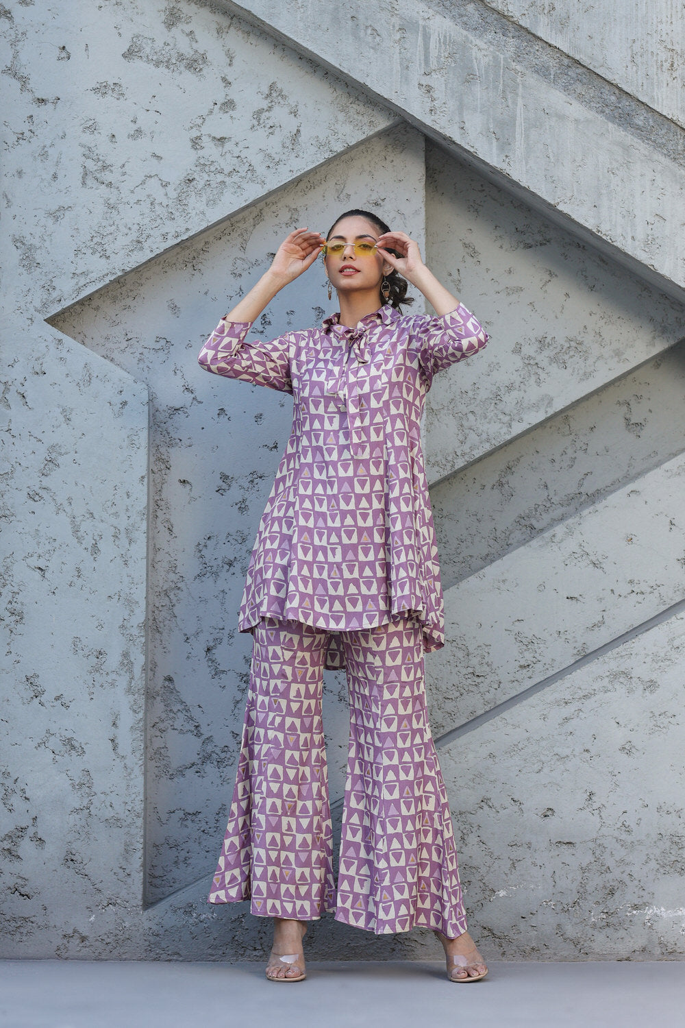 Abstract print on Lavender Muslin Silk Co-ord Set