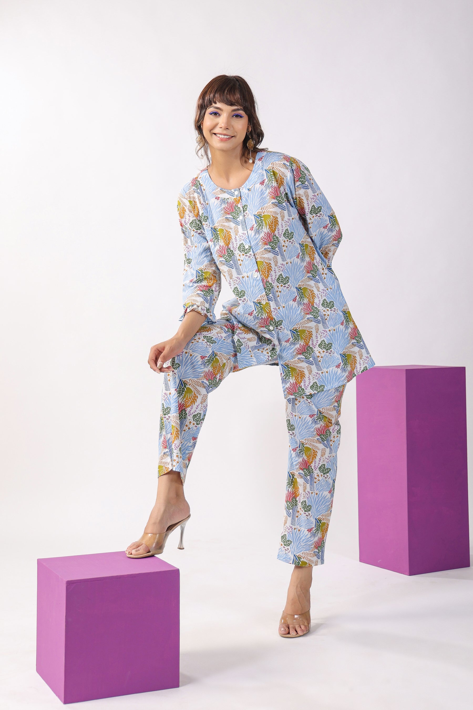 Autumn Leaves On White Cotton Lounge Loungewear Top Set