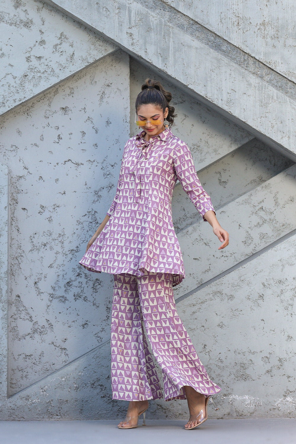 Abstract print on Lavender Muslin Silk Co-ord Set