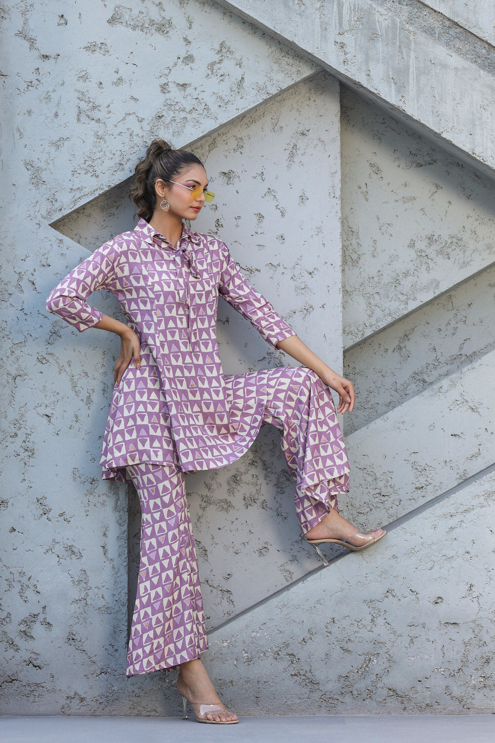 Abstract print on Lavender Muslin Silk Co-ord Set