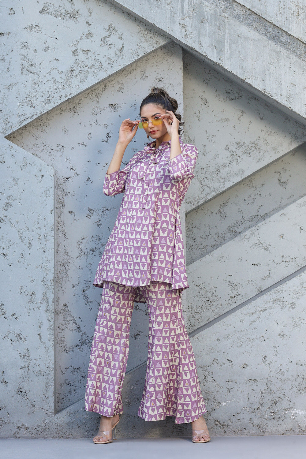 Abstract print on Lavender Muslin Silk Co-ord Set
