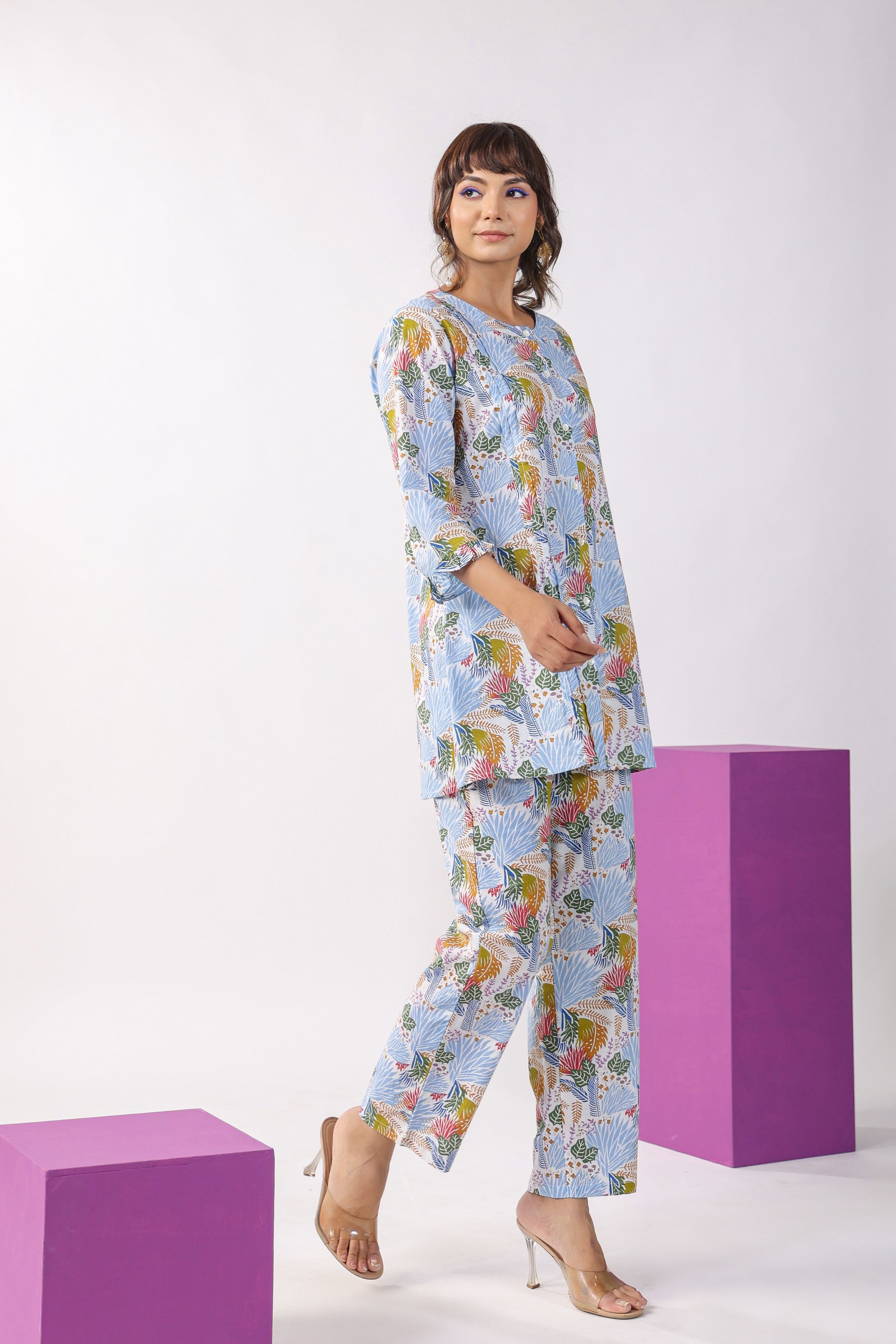 Autumn Leaves On White Cotton Lounge Loungewear Top Set