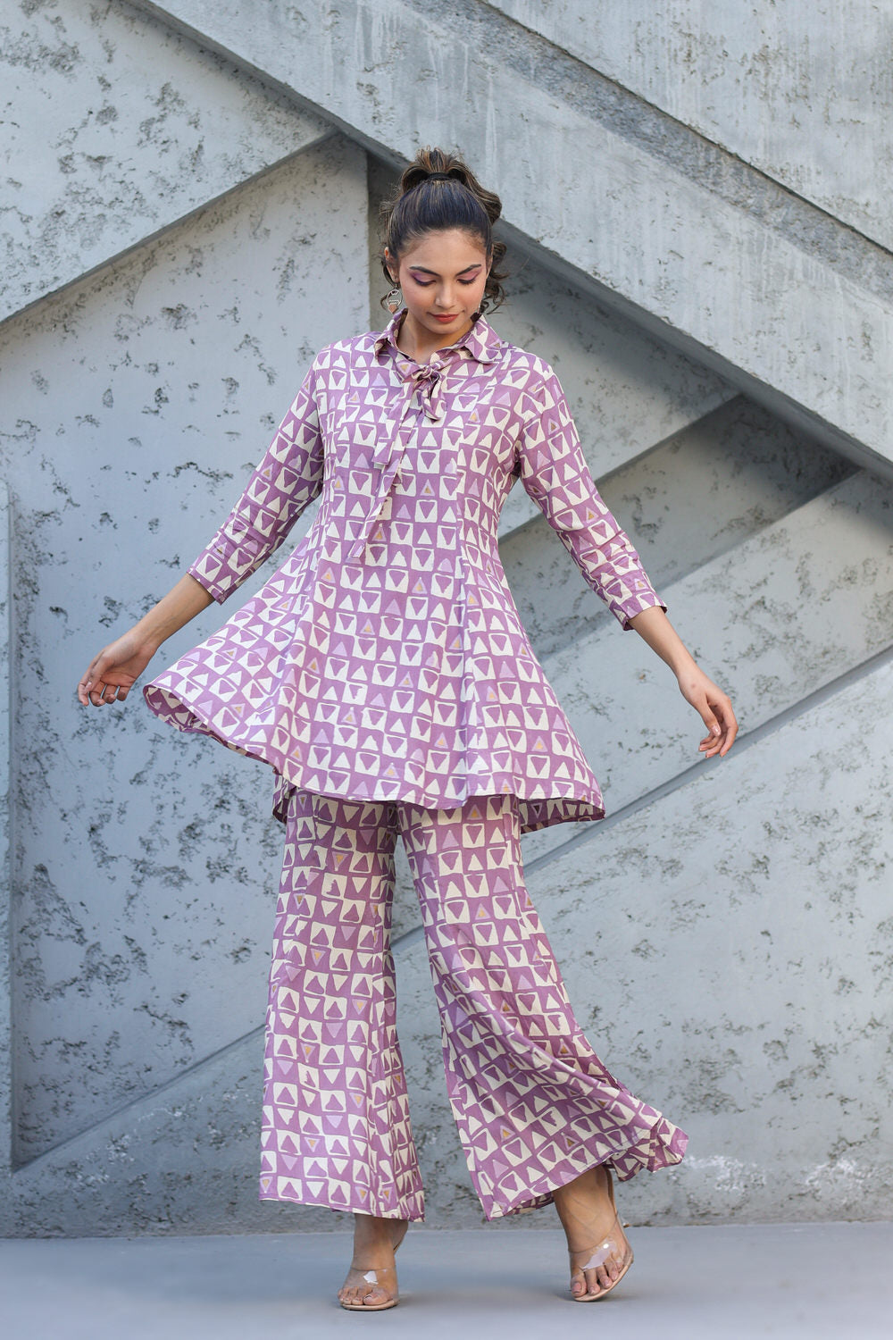 Abstract print on Lavender Muslin Silk Co-ord Set