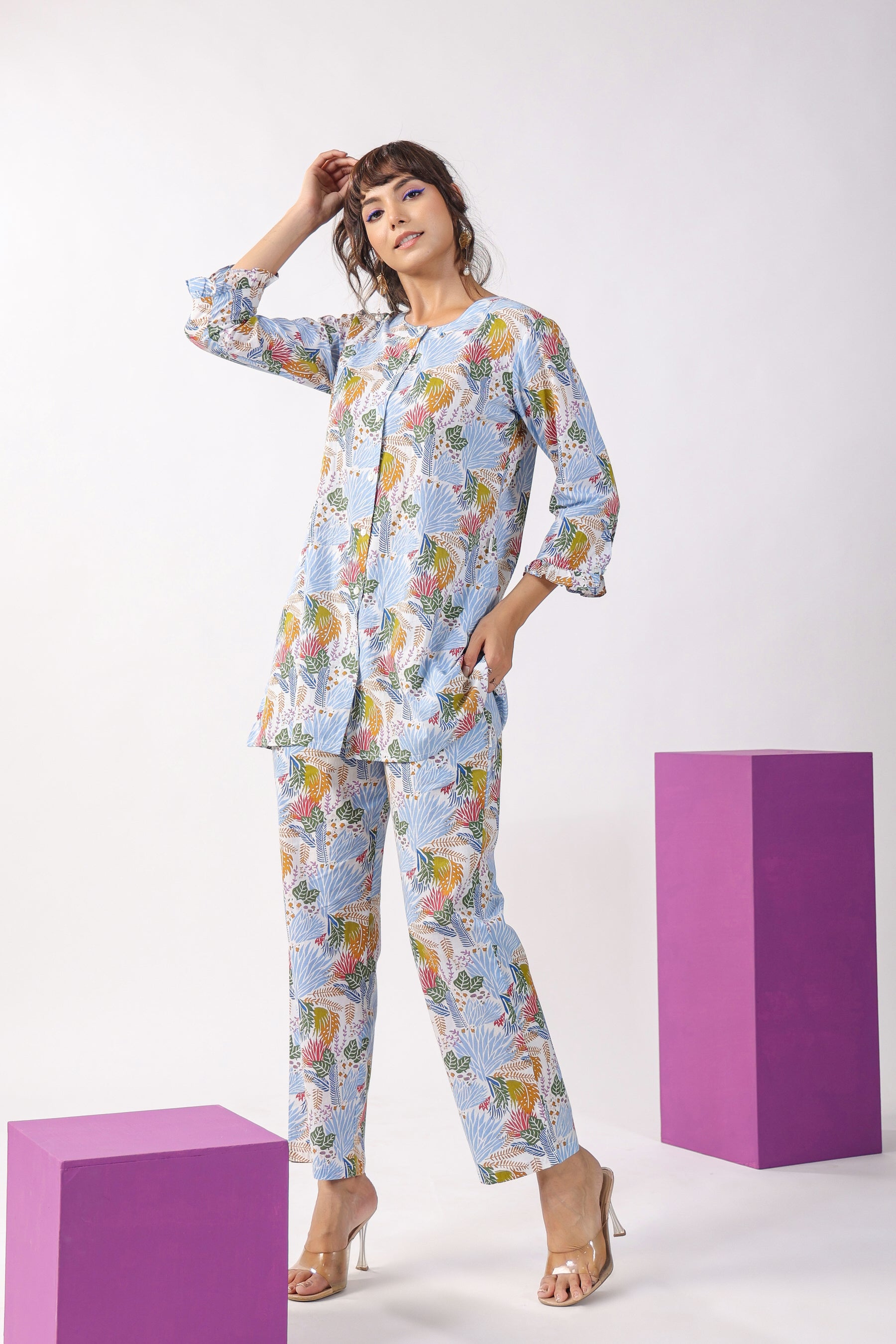 Autumn Leaves On White Cotton Lounge Loungewear Top Set