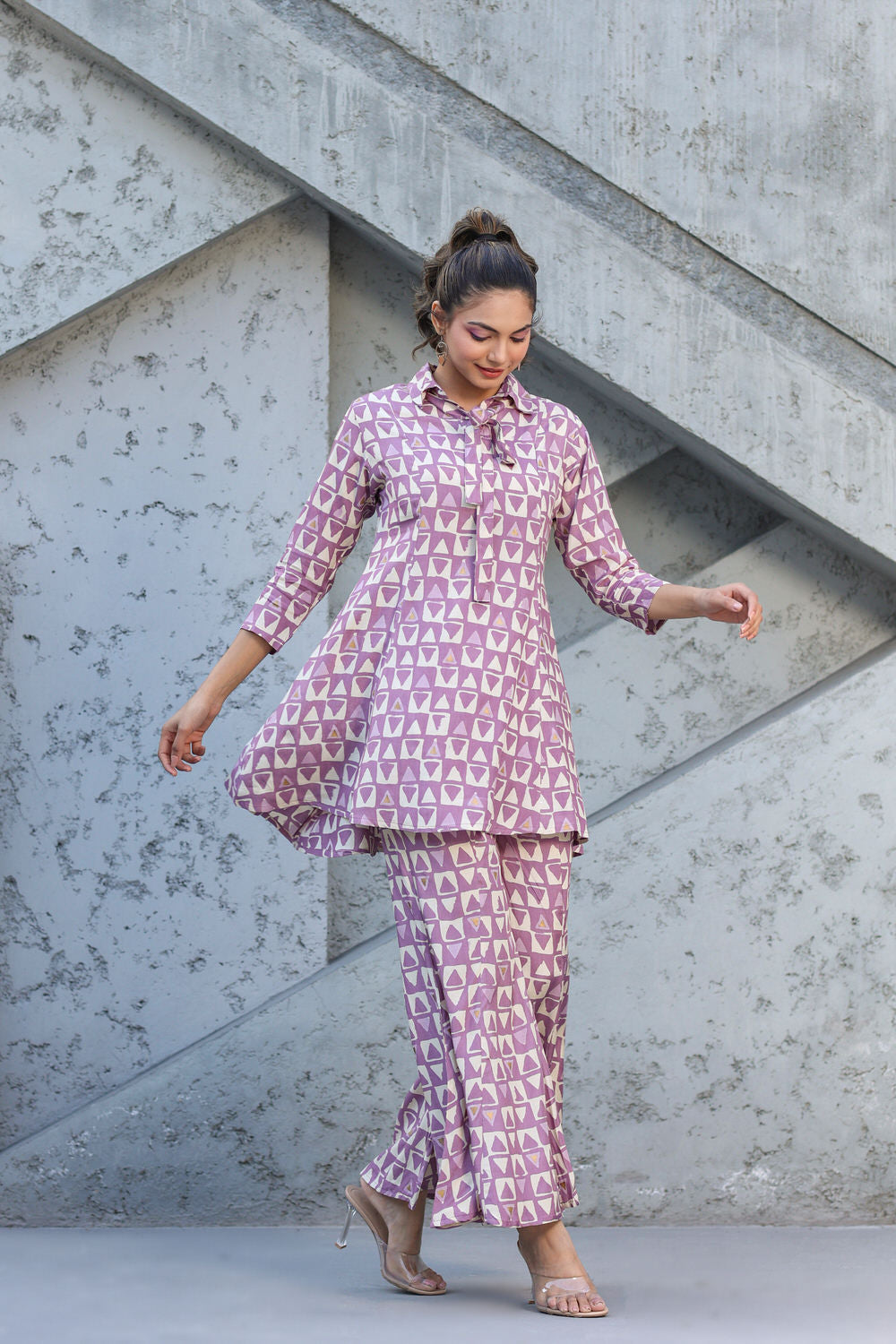 Abstract print on Lavender Muslin Silk Co-ord Set