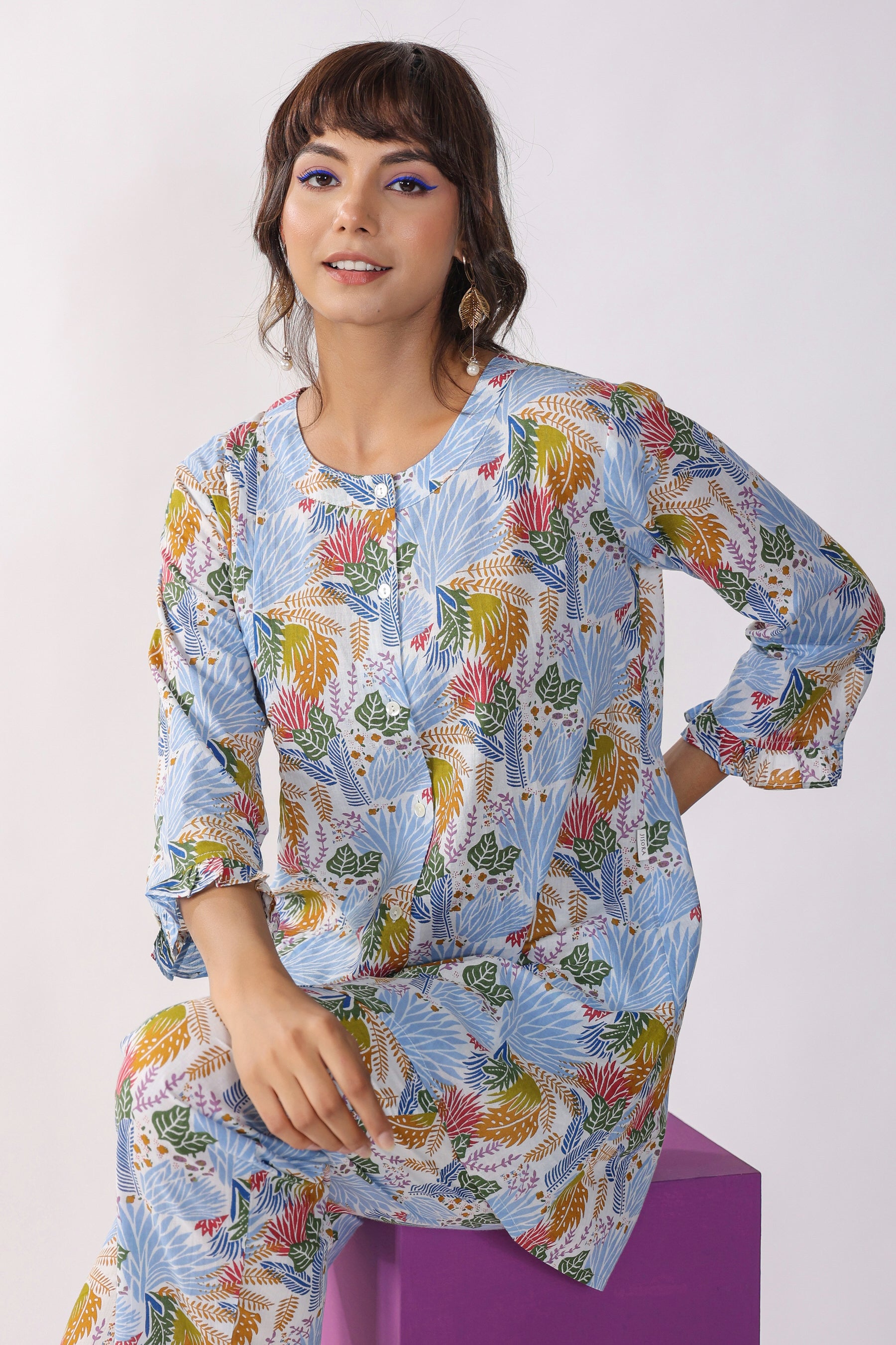 Autumn Leaves On White Cotton Lounge Loungewear Top Set