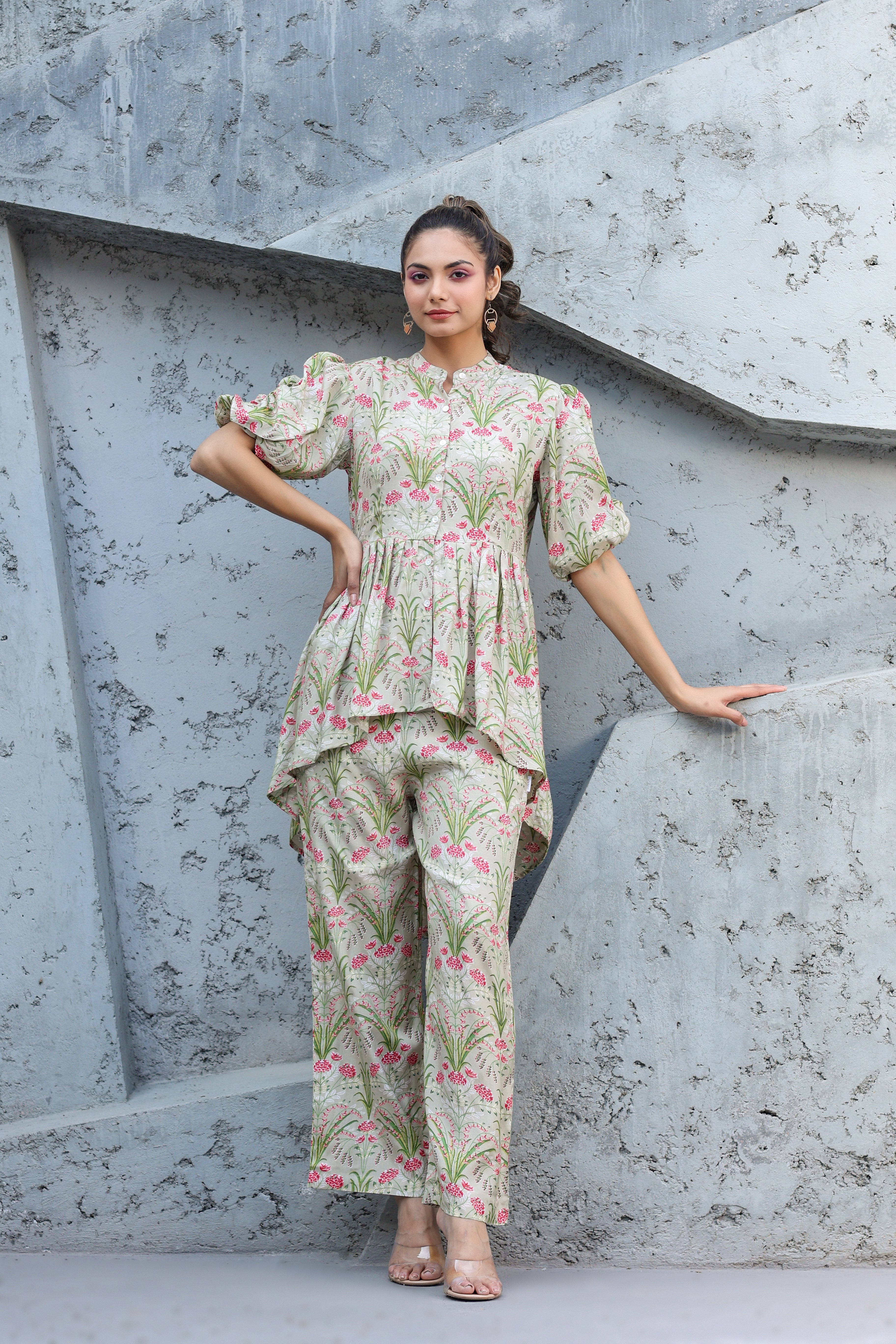 Wildflower on Pista Green Russian Silk Co-ord set