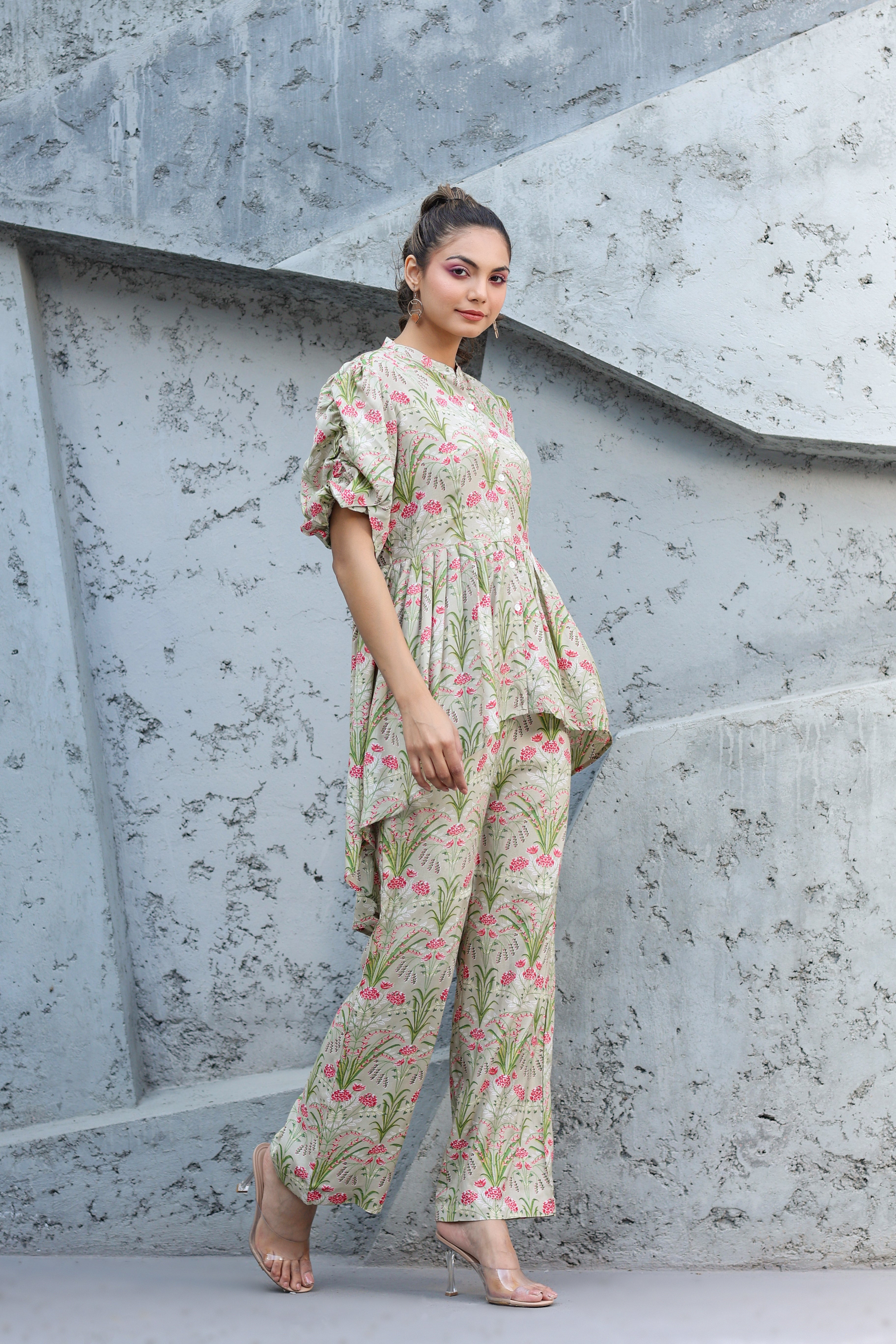 Wildflower on Pista Green Russian Silk Co-ord set