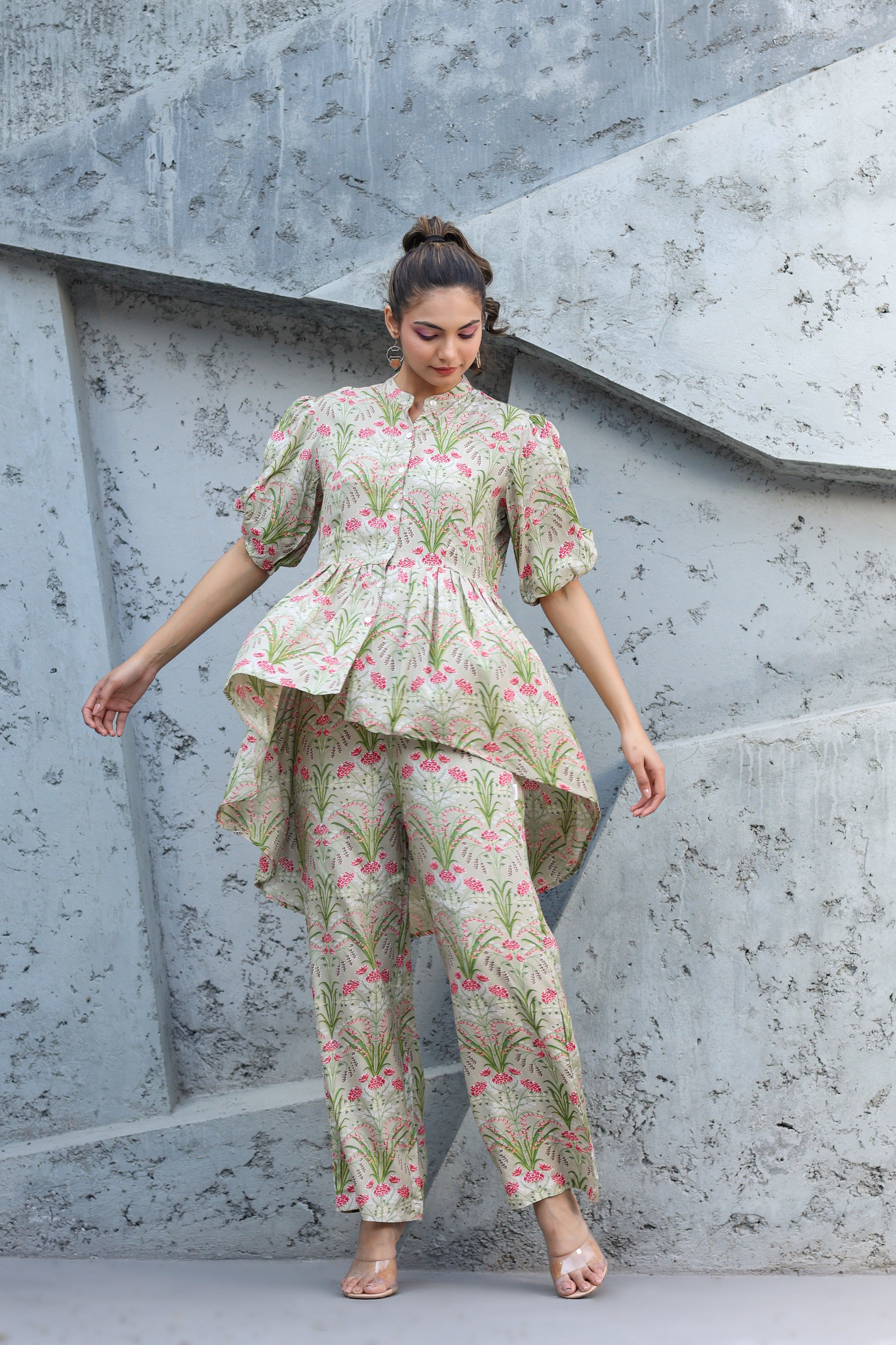 Wildflower on Pista Green Russian Silk Co-ord set