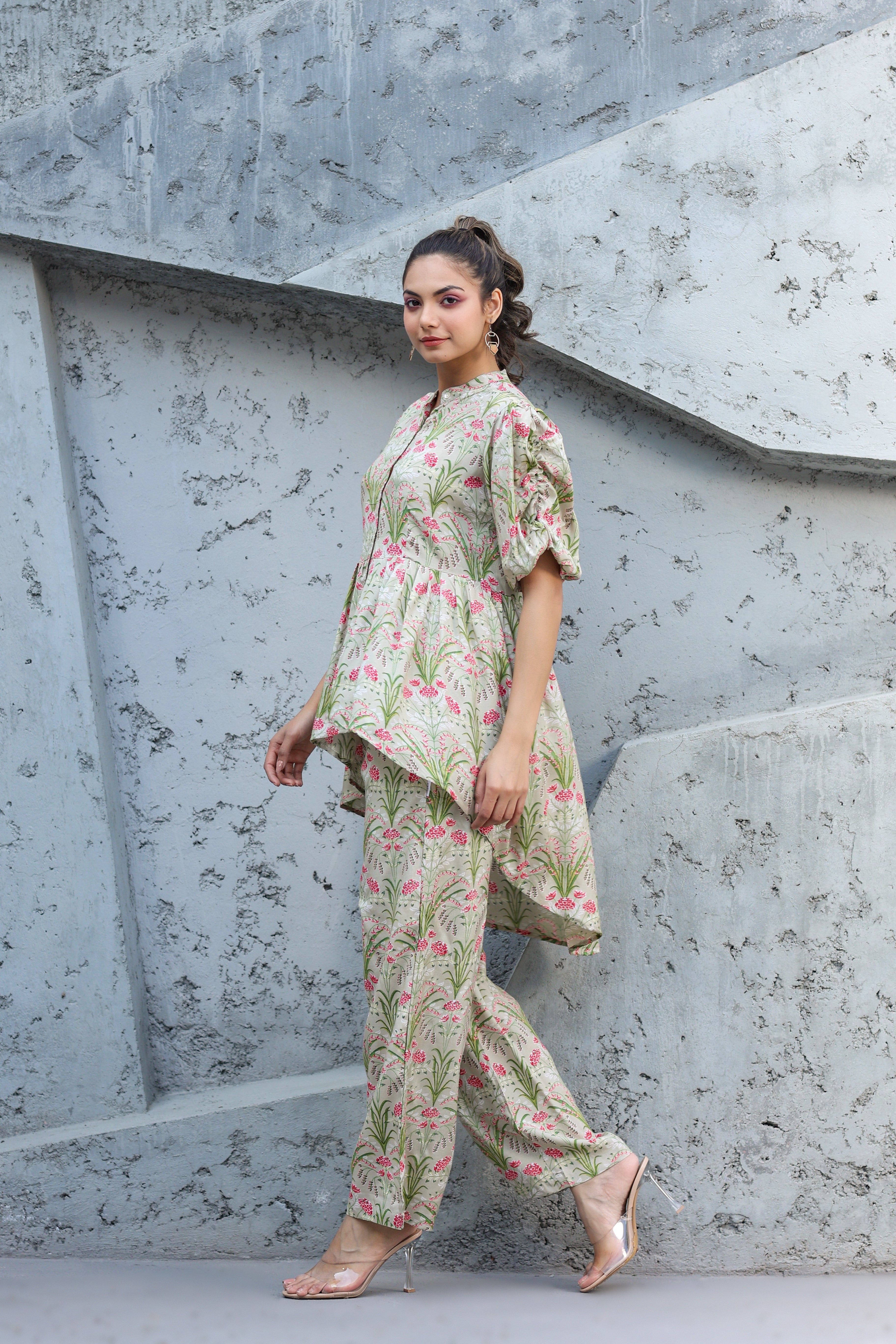 Wildflower on Pista Green Russian Silk Co-ord set