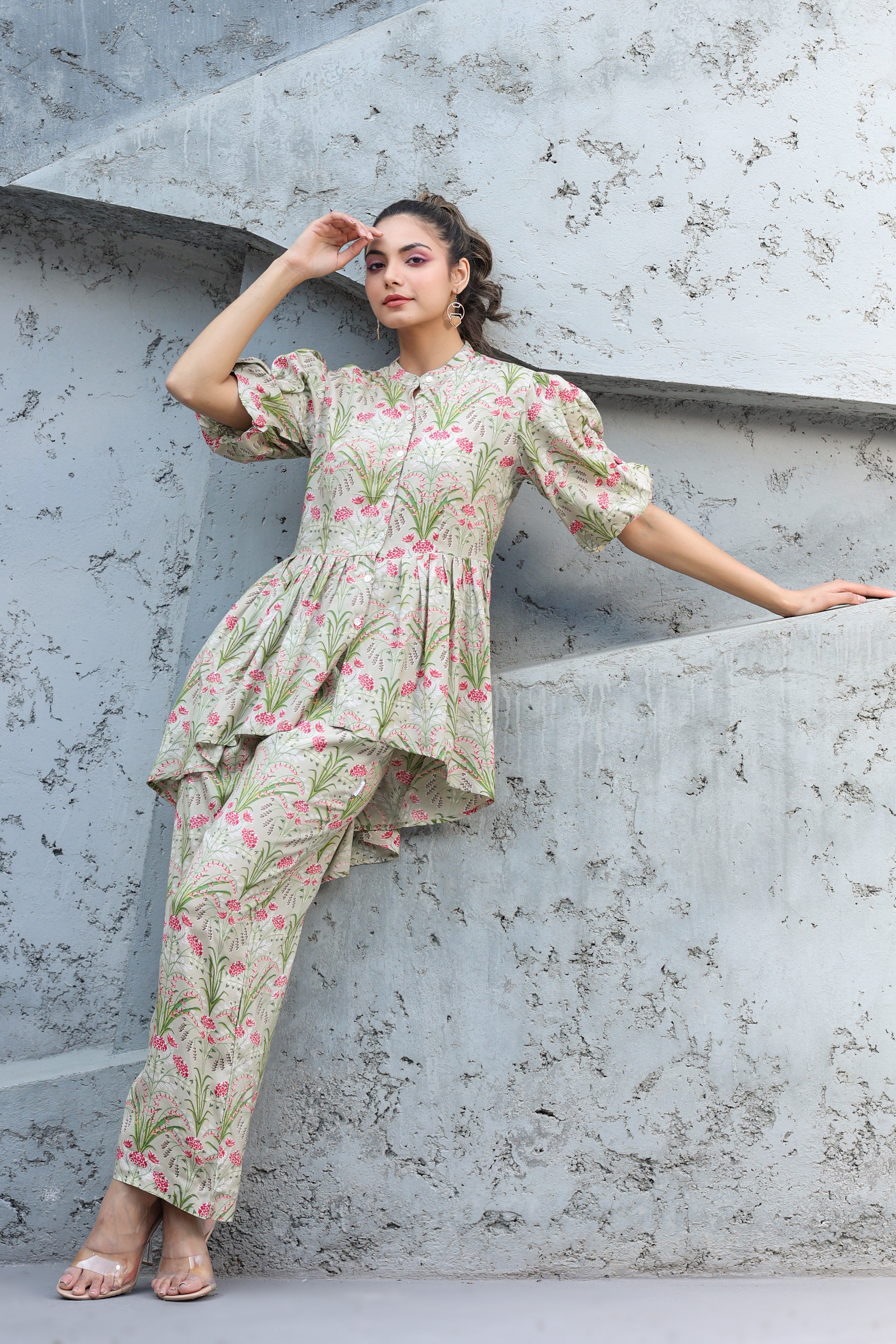 Wildflower on Pista Green Russian Silk Co-ord set