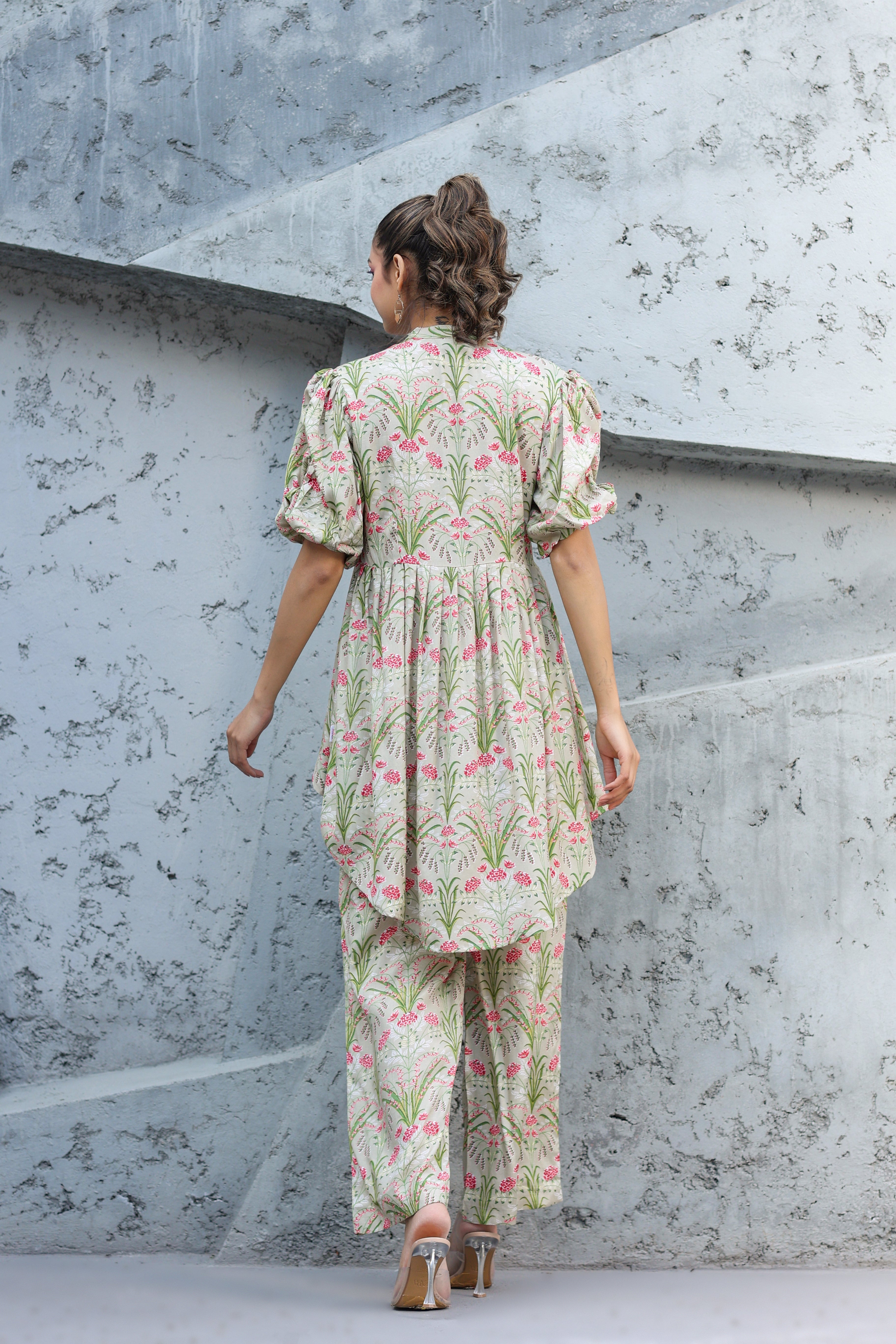 Wildflower on Pista Green Russian Silk Co-ord set