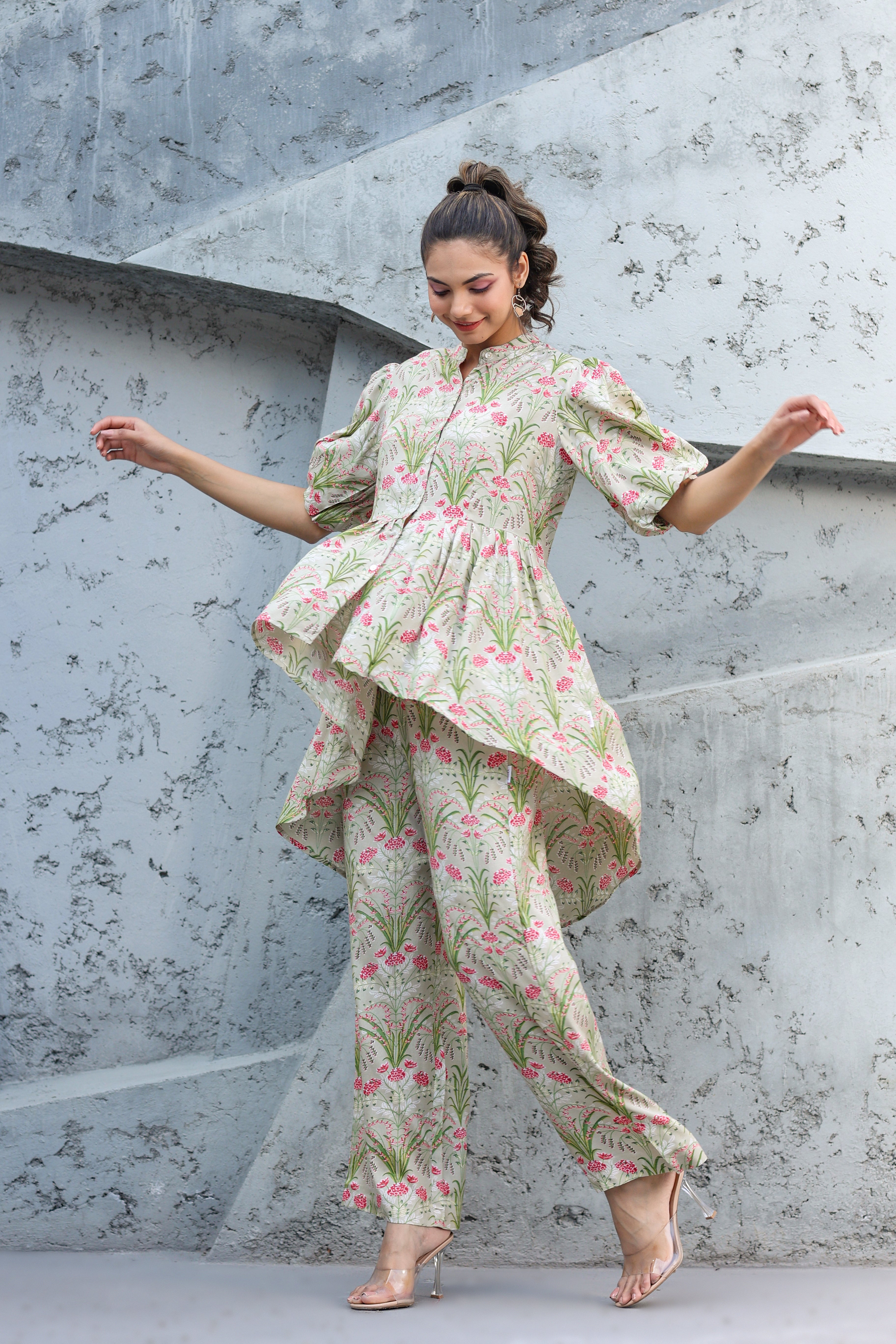 Wildflower on Pista Green Russian Silk Co-ord set