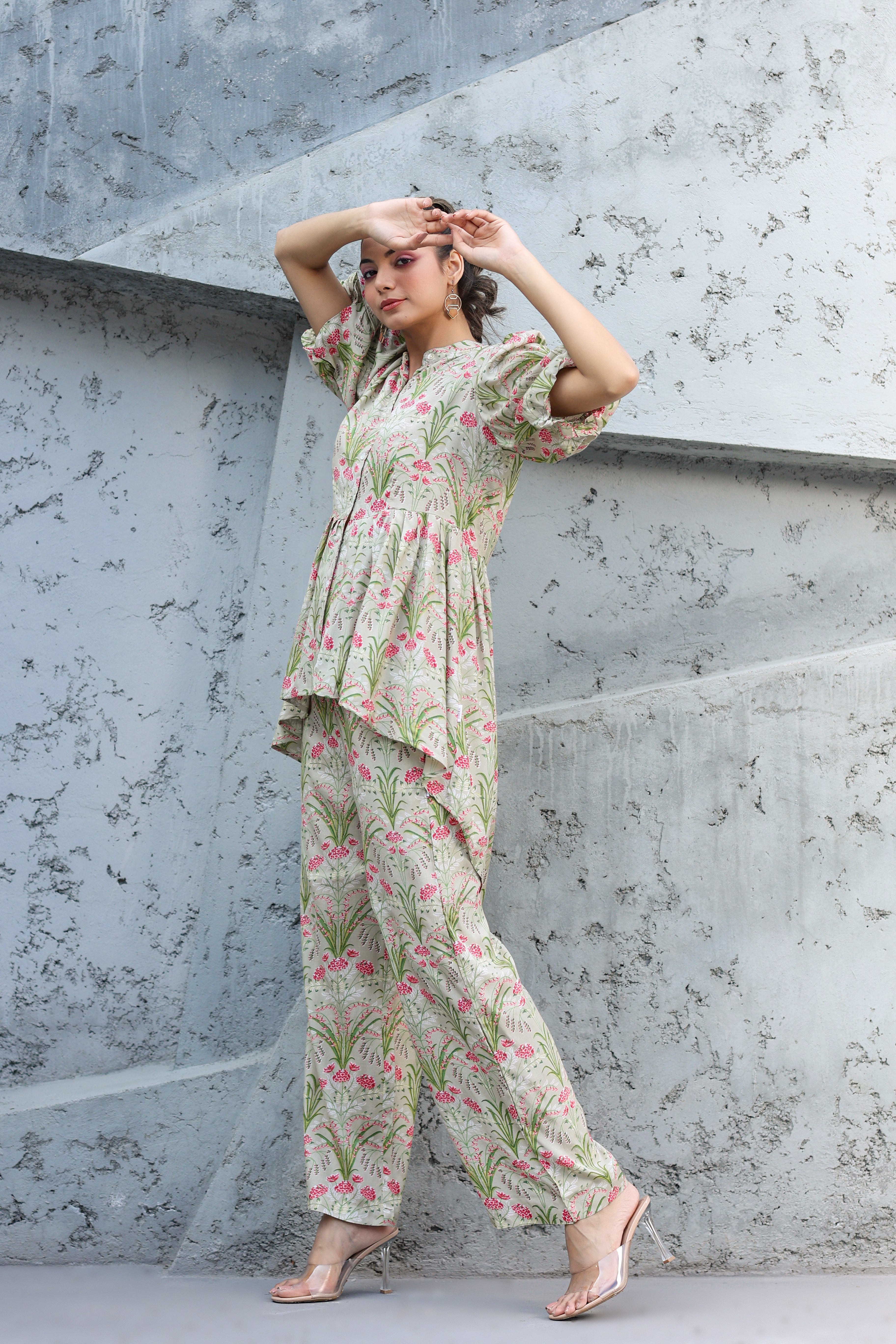 Wildflower on Pista Green Russian Silk Co-ord set