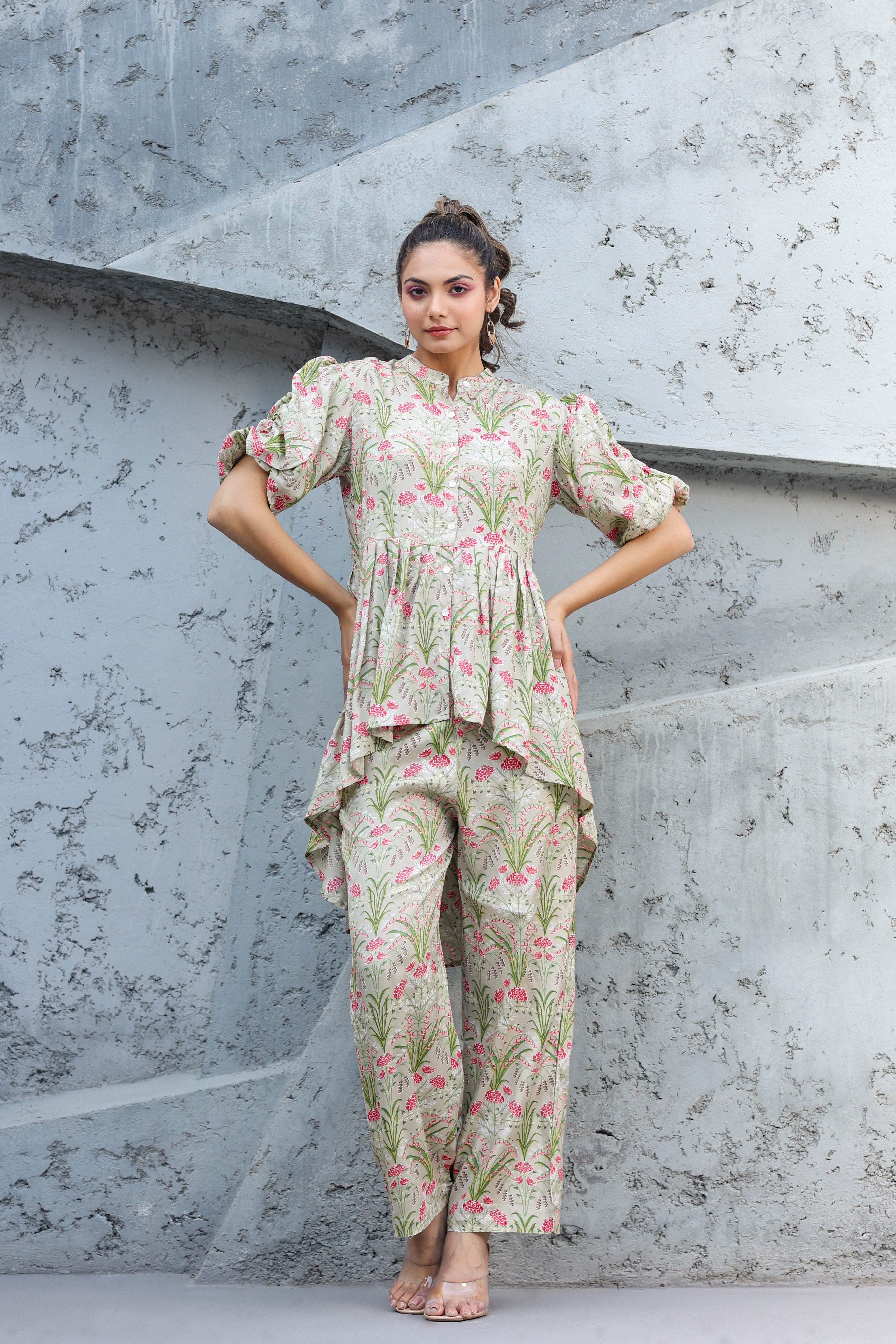 Wildflower on Pista Green Russian Silk Co-ord set