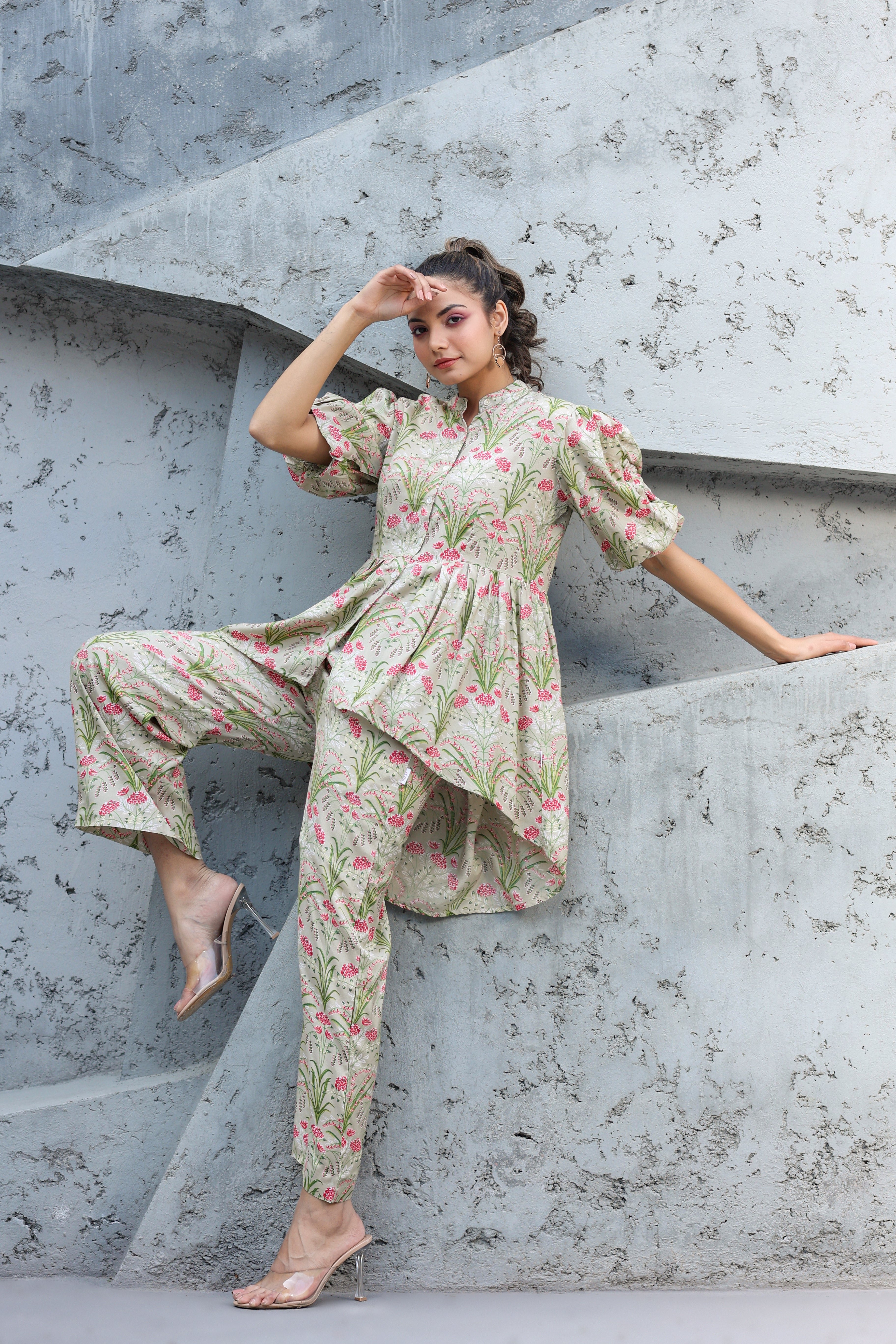 Wildflower on Pista Green Russian Silk Co-ord set