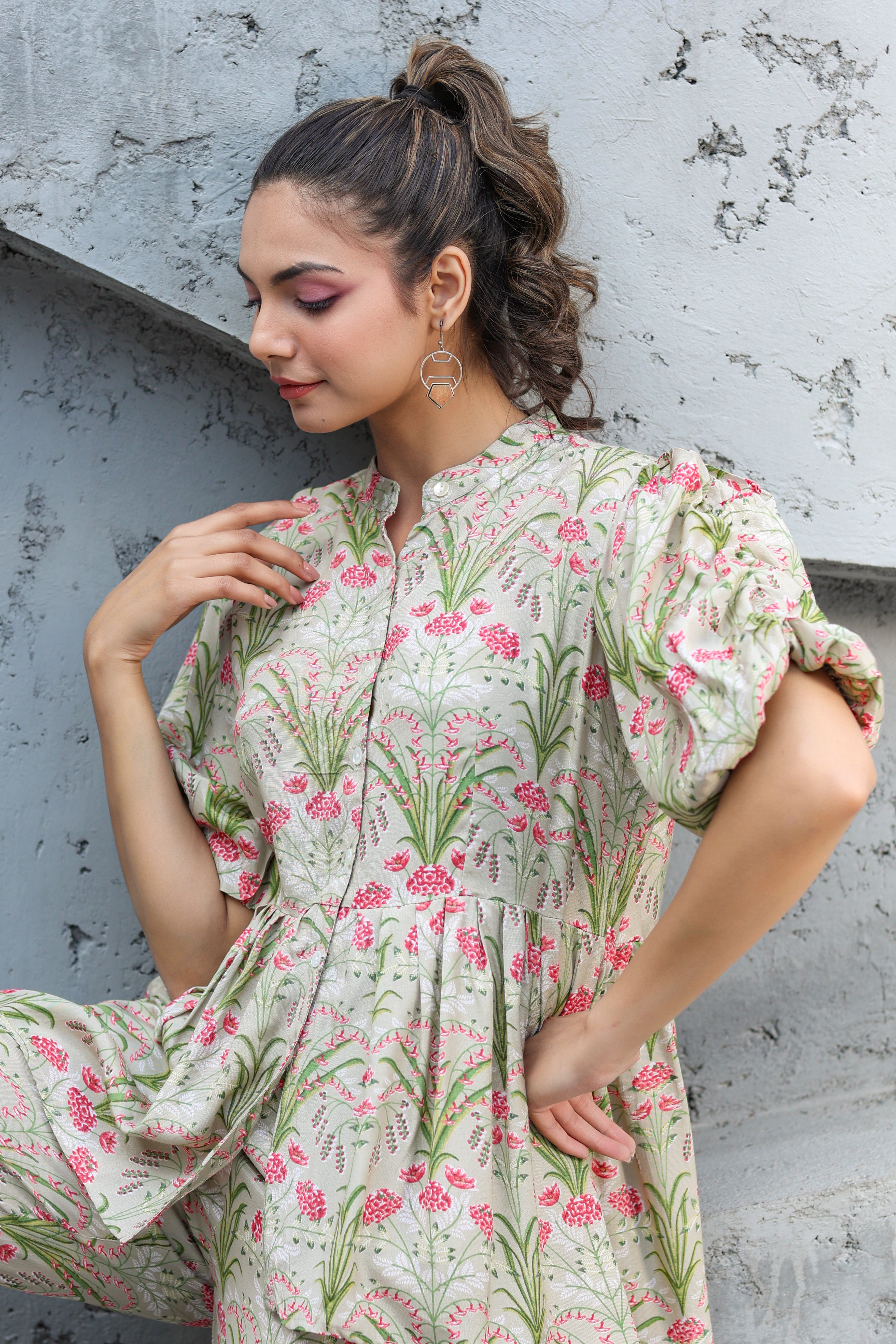 Wildflower on Pista Green Russian Silk Co-ord set
