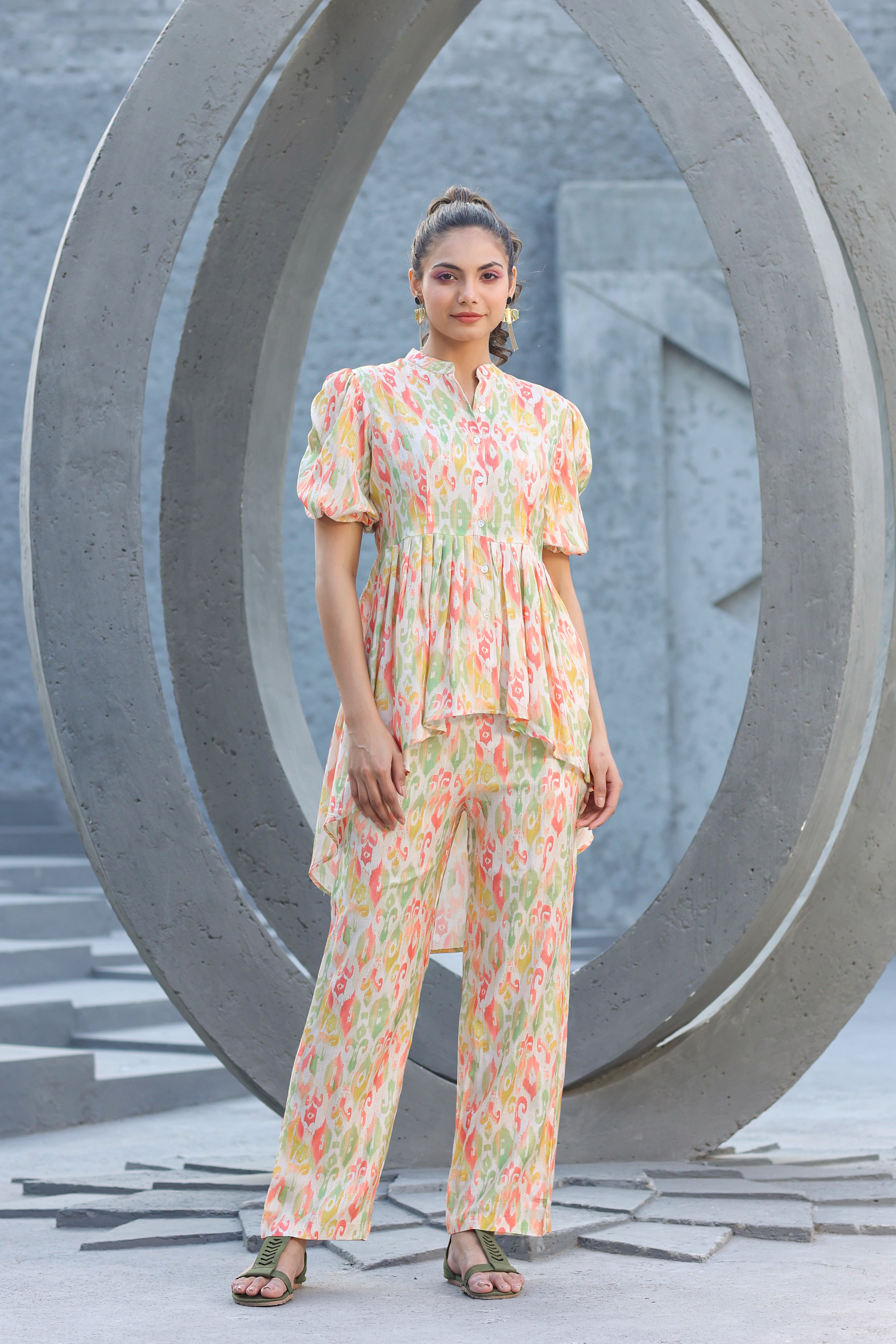 Multicolour Ikat On off white Muslin Silk Co-ord Set