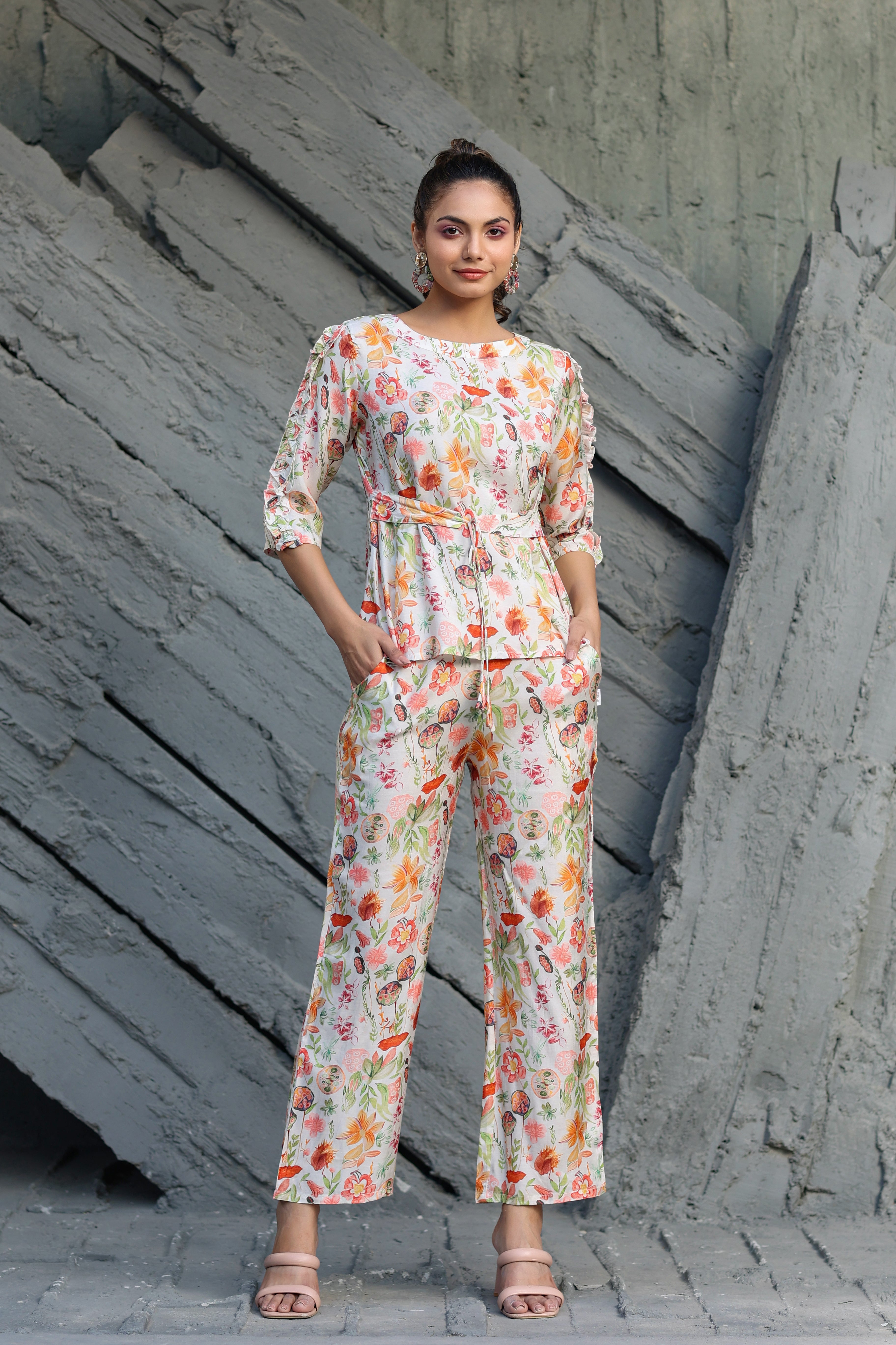 Spring Ruffles Sleeves on Off-white Muslin Silk Co-ord Set