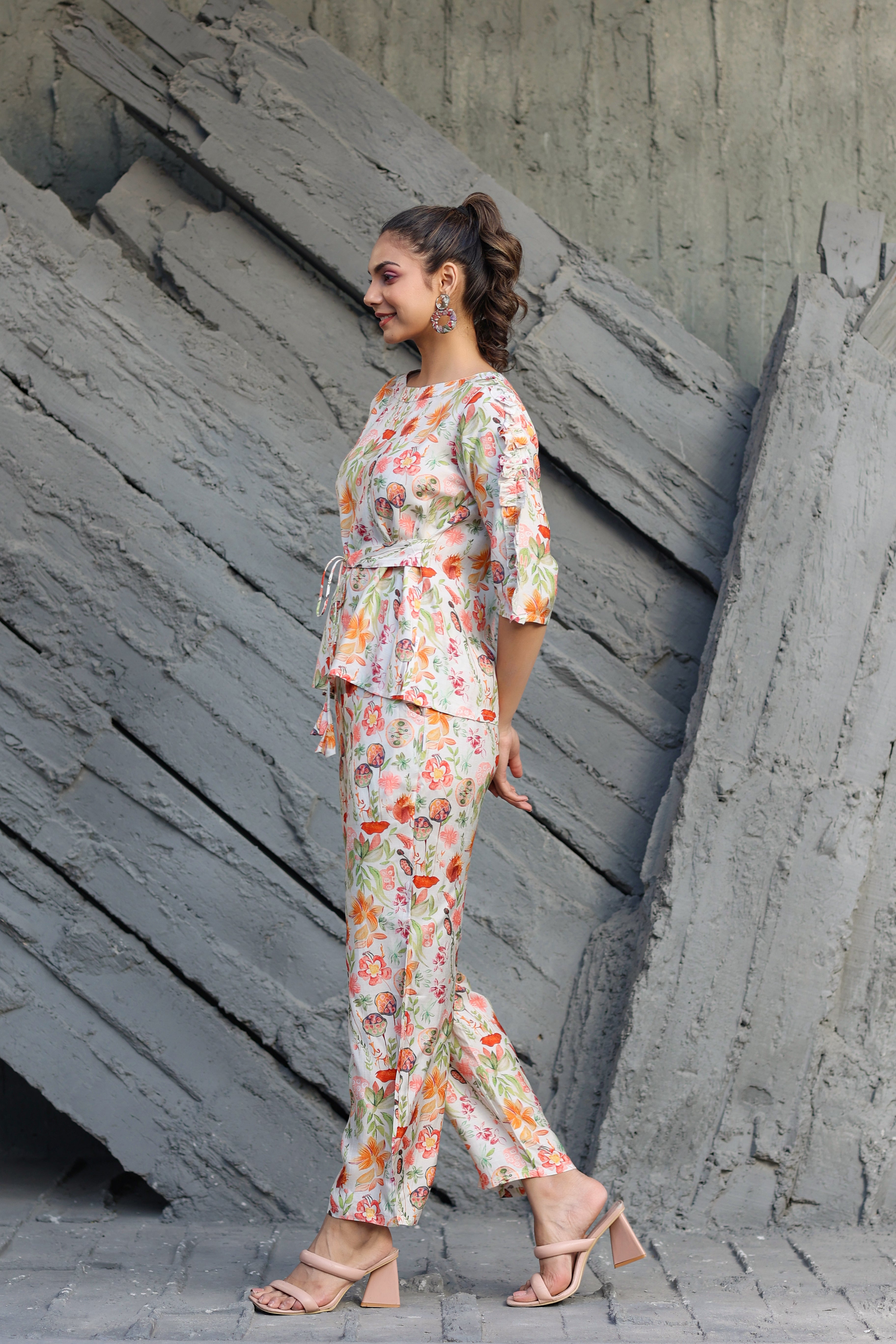 Spring Ruffles Sleeves on Off-white Muslin Silk Co-ord Set